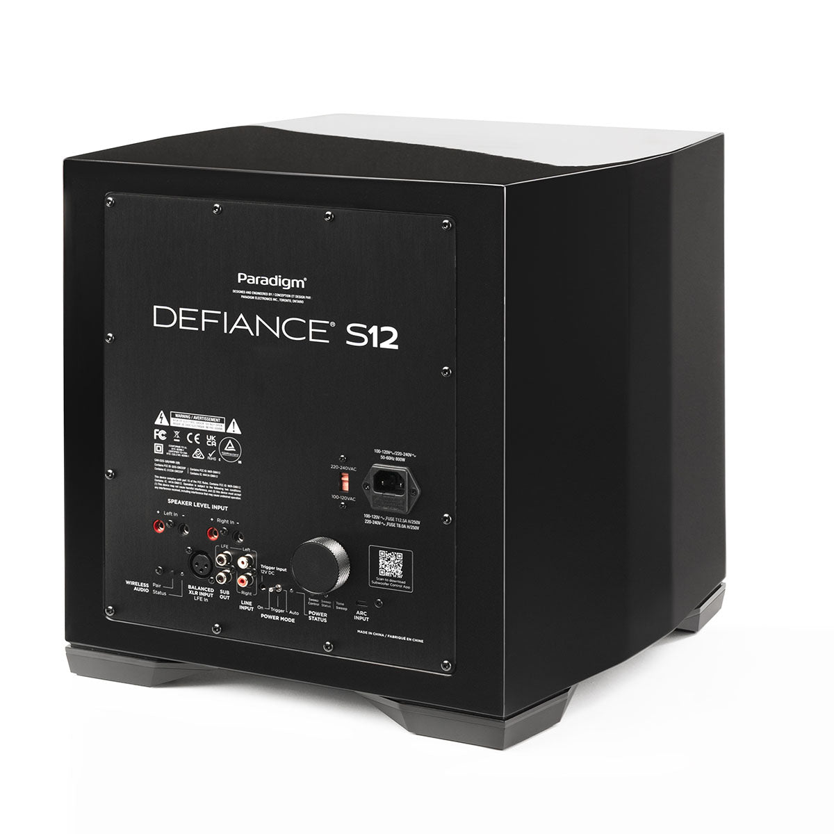 Paradigm Defiance S12 12-inch Subwoofer gloss black rear view angled left