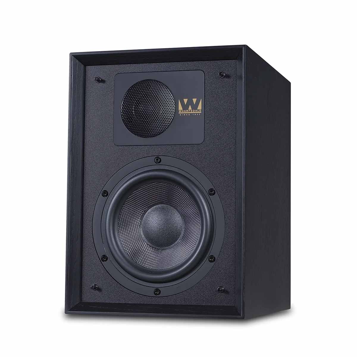 Wharfedale 85th Anniversary Denton Bookshelf Speaker - single in black - angled front view