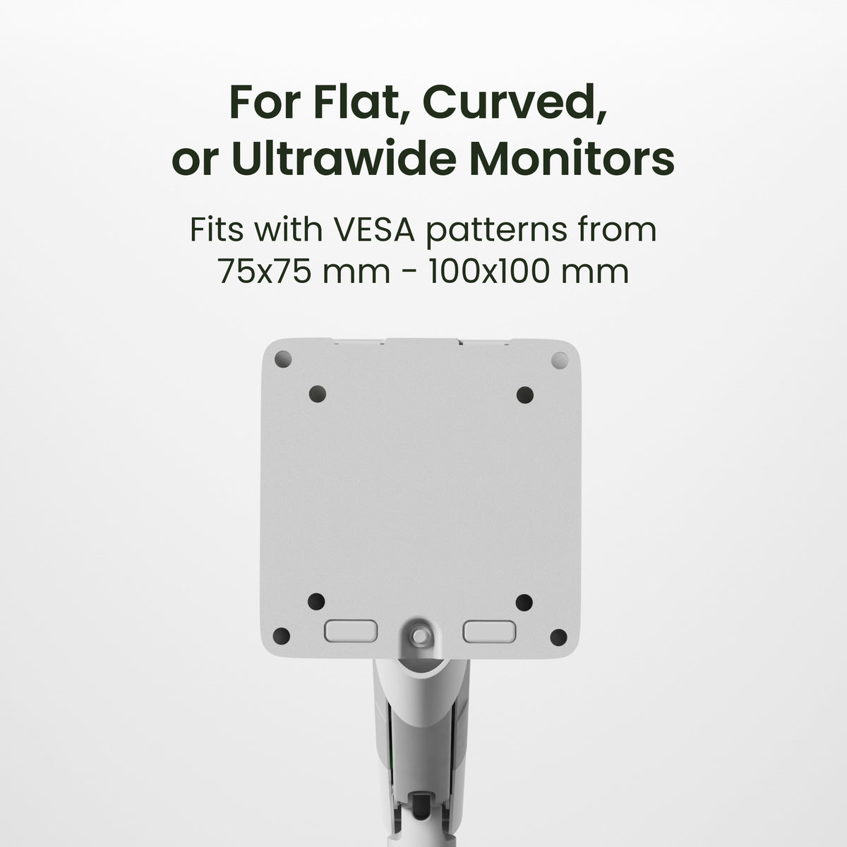 Monitor stand with text indicating compatibility for flat, curved, or ultrawide monitors with VESA patterns.