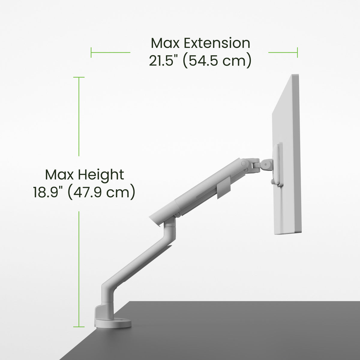 Kanto DM1 Single Monitor Desktop Mount for 17” - 40” Displays arm with measurements on a white background