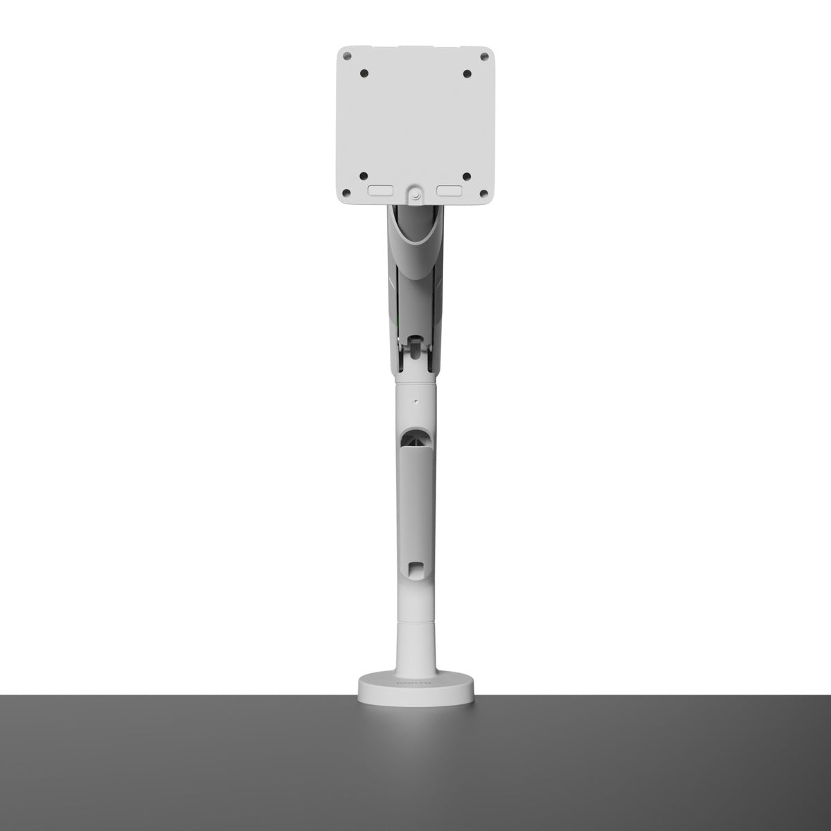 White adjustable Kanto DM1 Single Monitor Desktop Mount for 17” - 40” Displays on a gray surface with a white background