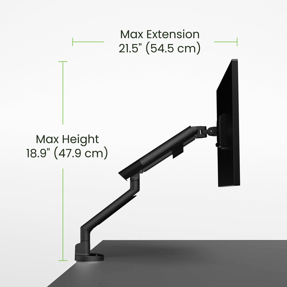 Monitor arm with measurements on a white background