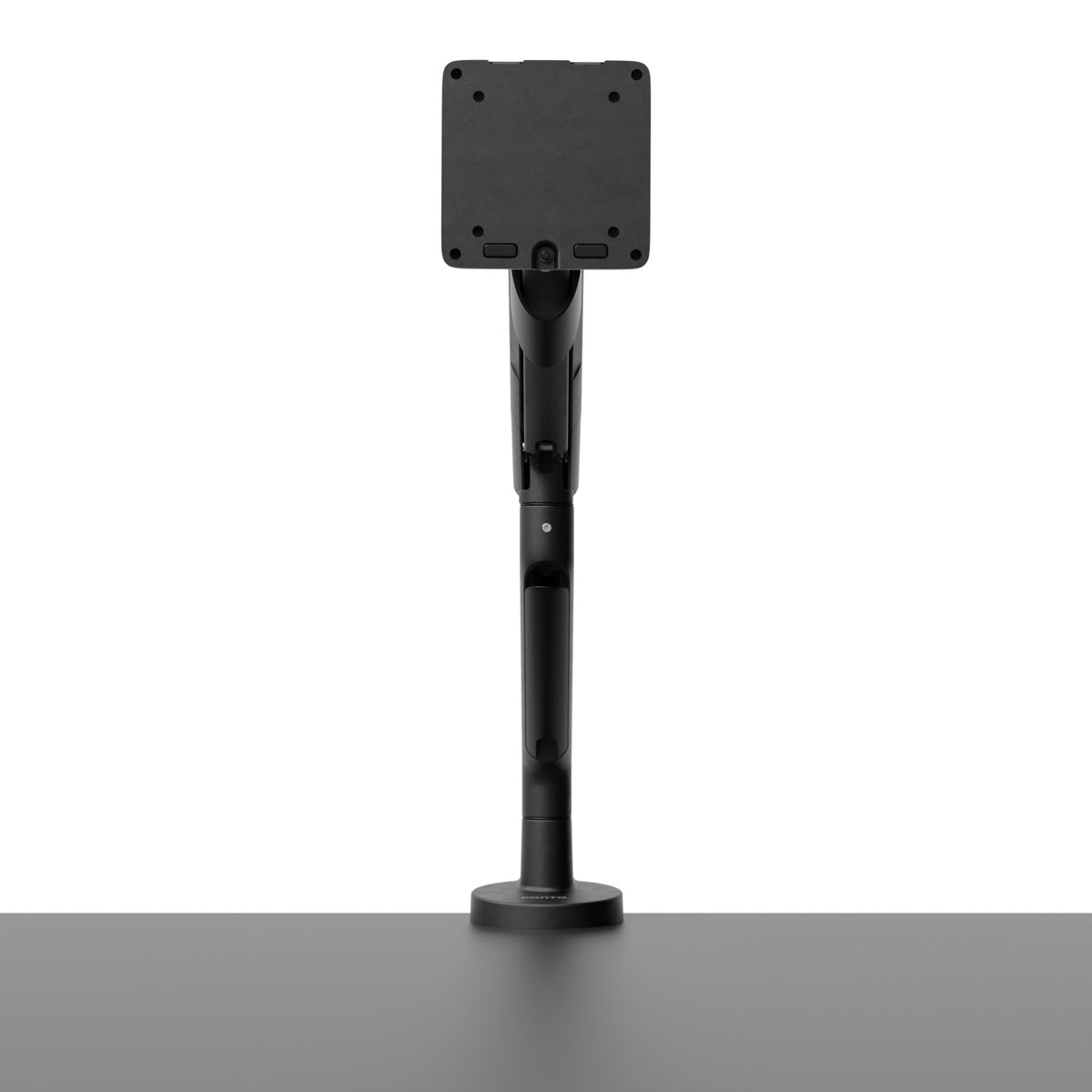 Black adjustable monitor stand on a white background