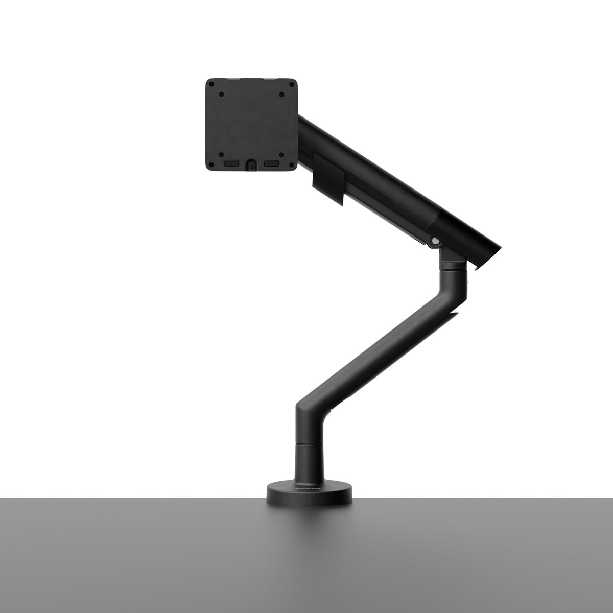 Black adjustable monitor stand on a white background