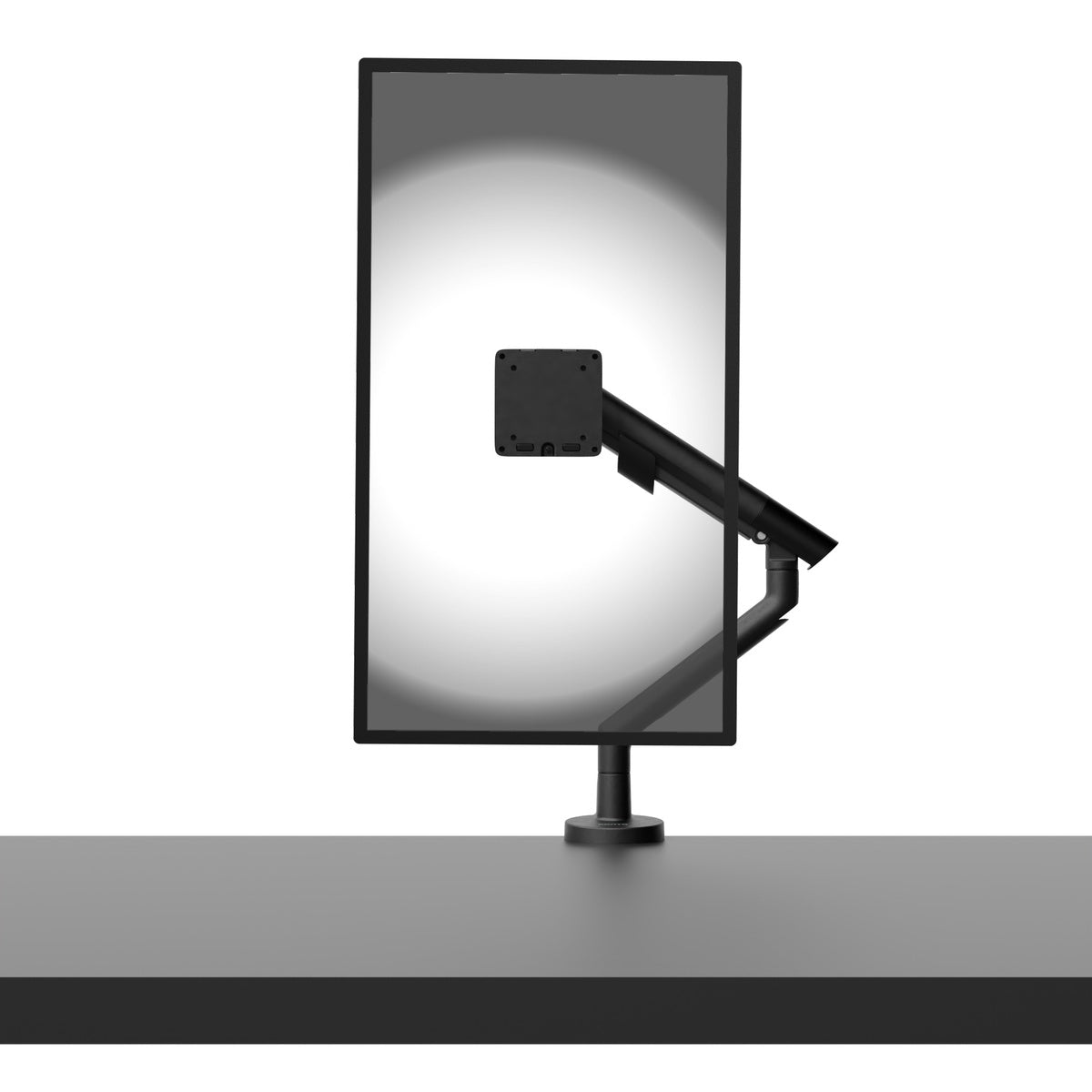 Black adjustable monitor stand on a white background