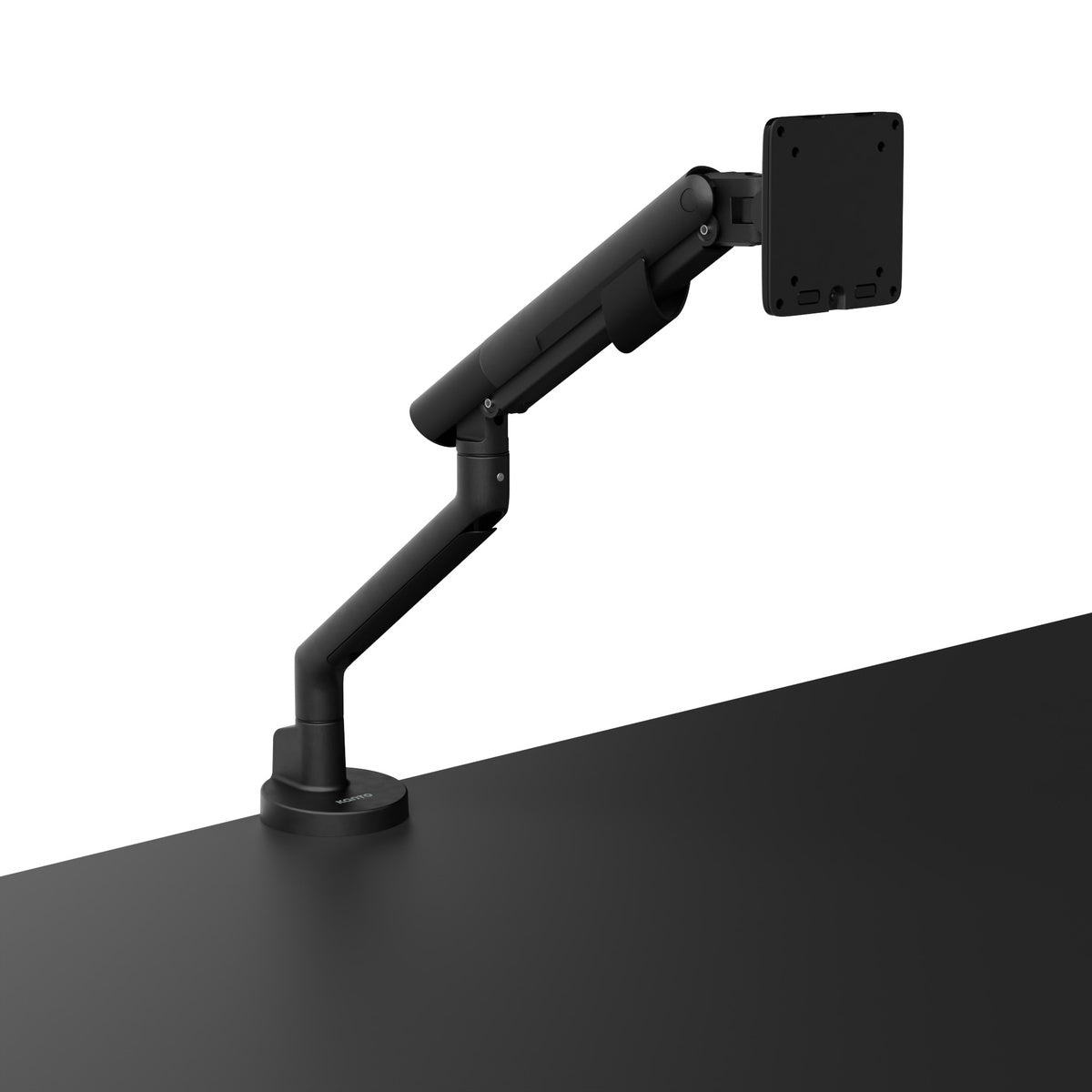 Black adjustable monitor stand on a white background