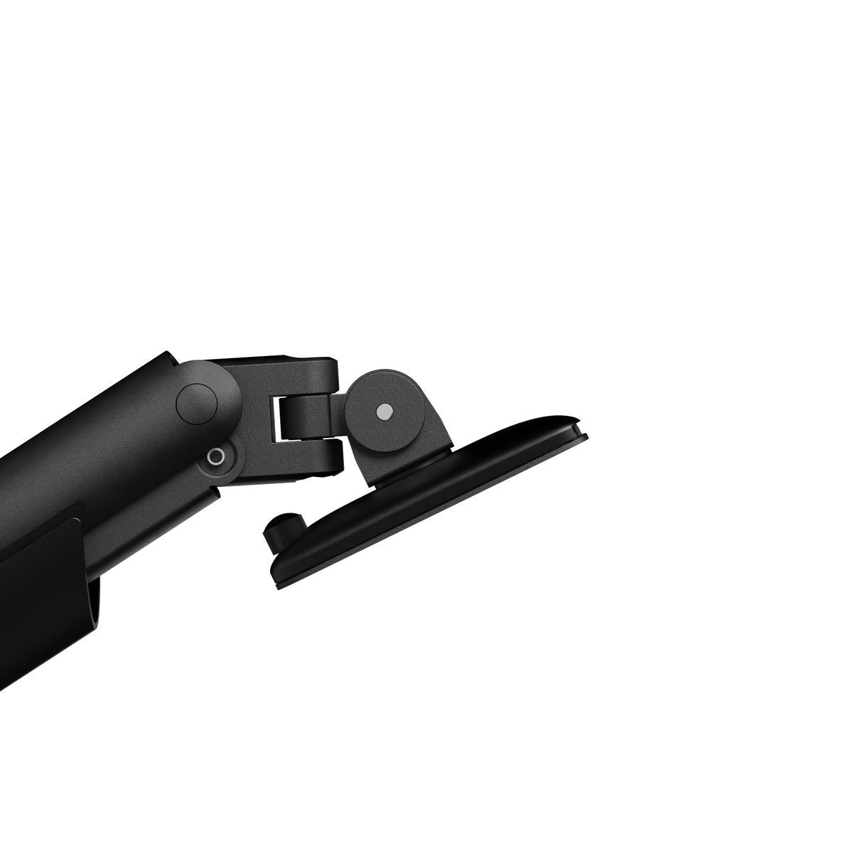 Black adjustable Kanto DM1 Single Monitor Desktop Mount for 17” - 40” Displays on a white background
