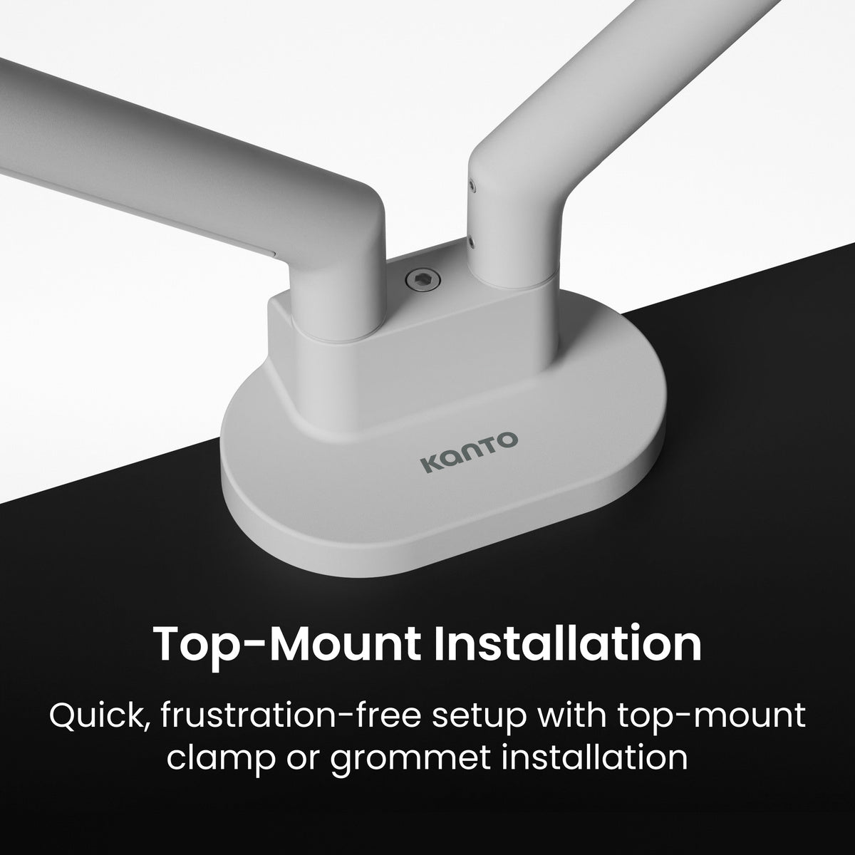Kanto LED desk lamp with top-mount installation on a black and white background
