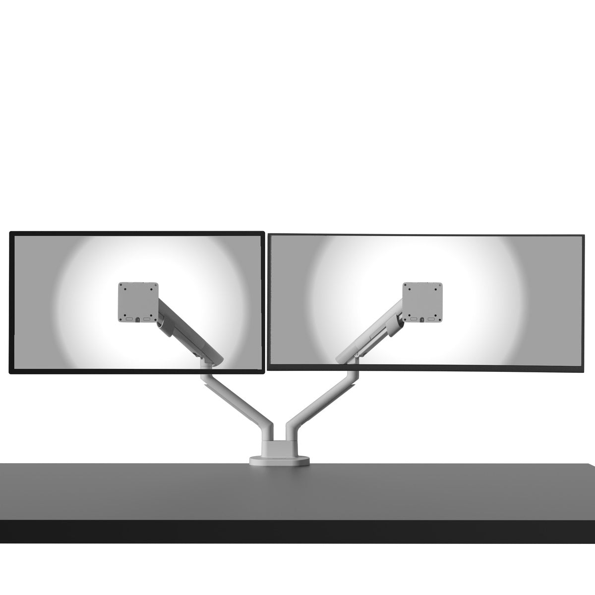 Dual monitor stand with two screens on a white background