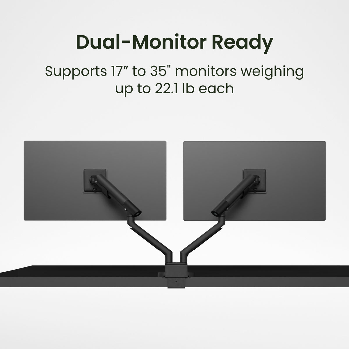 Dual-monitor stand with text indicating support for 17" to 35" monitors weighing up to 22.1 lb each.