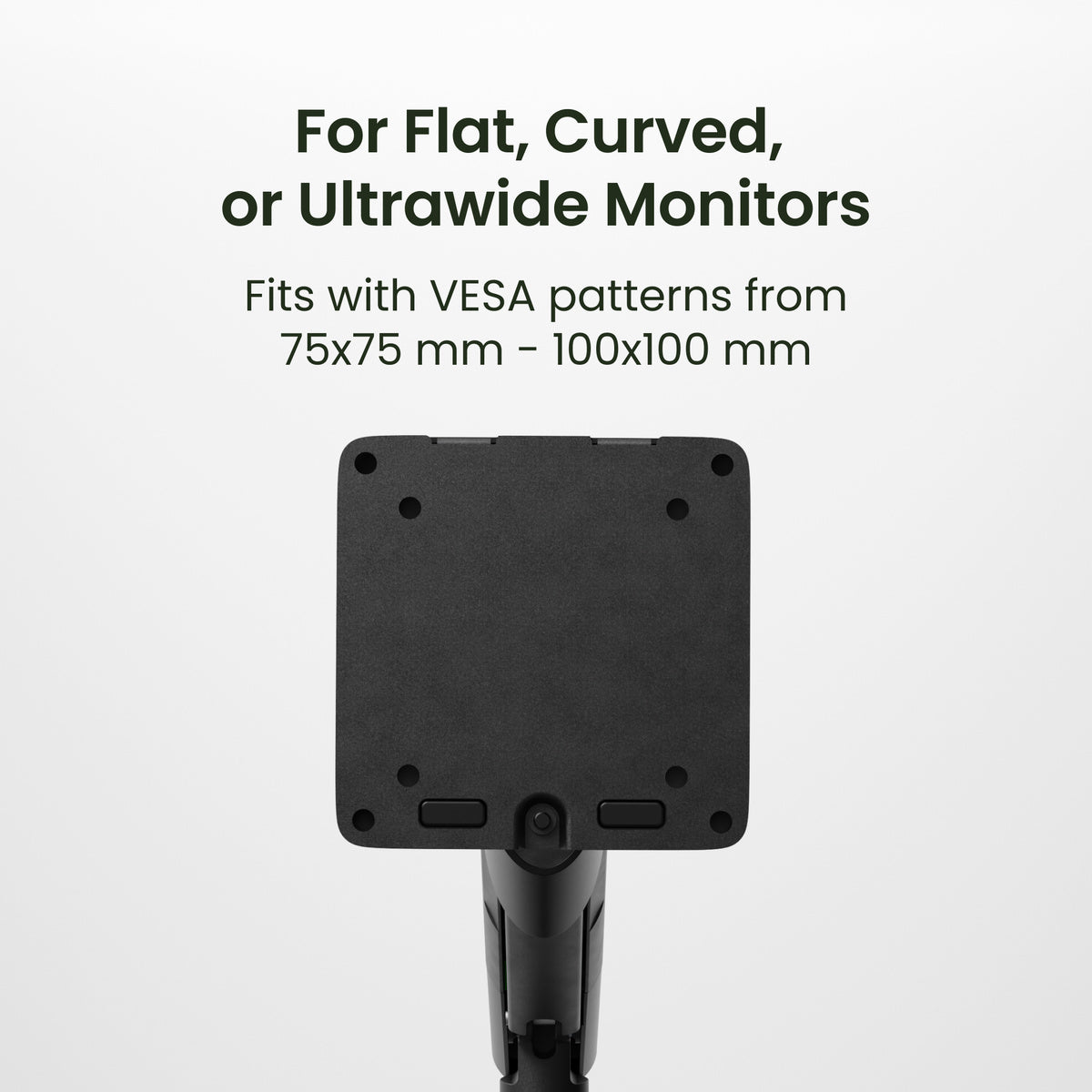 Monitor stand base with text about compatibility for flat, curved, or ultrawide monitors.