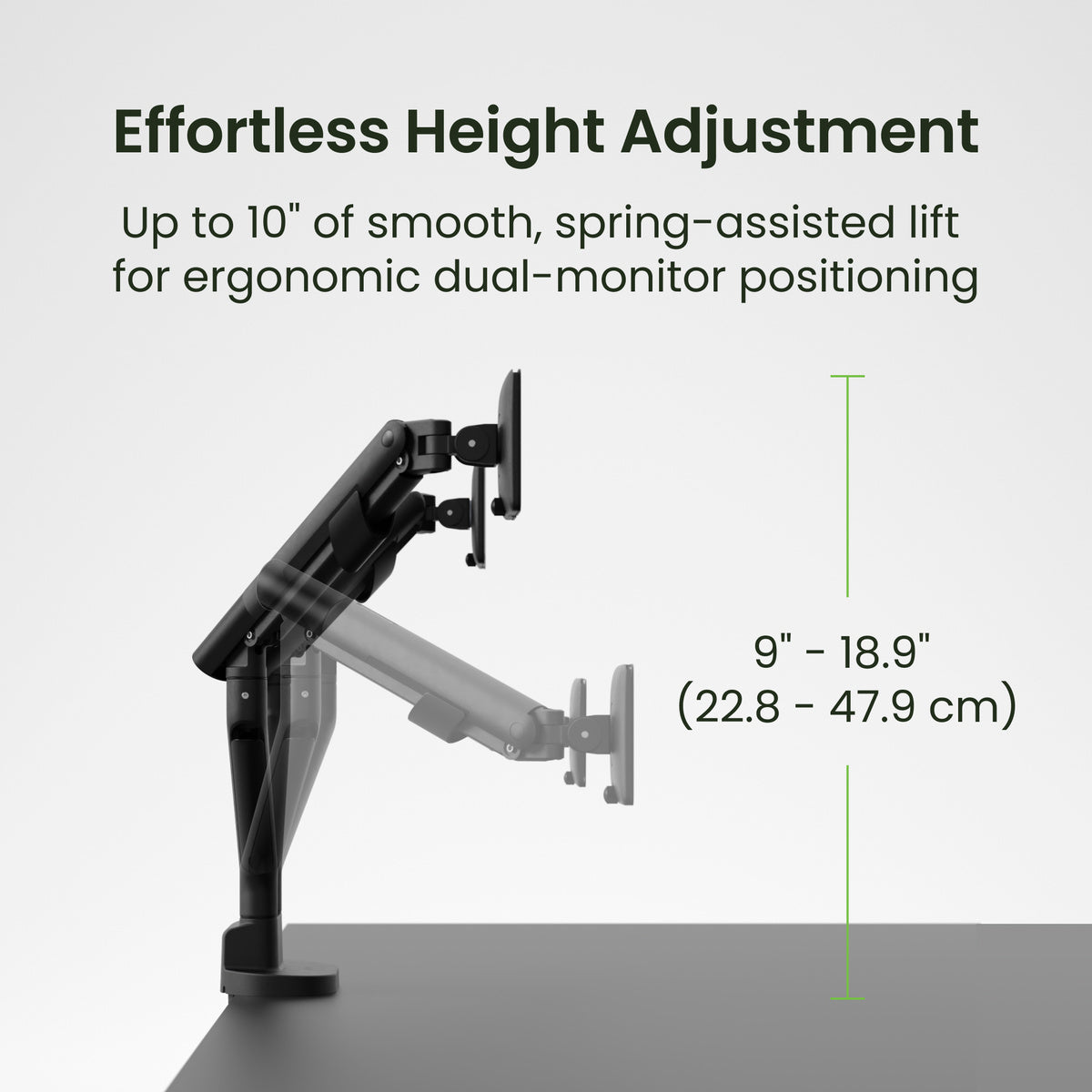 Monitor stand with height adjustment feature and text on a white background