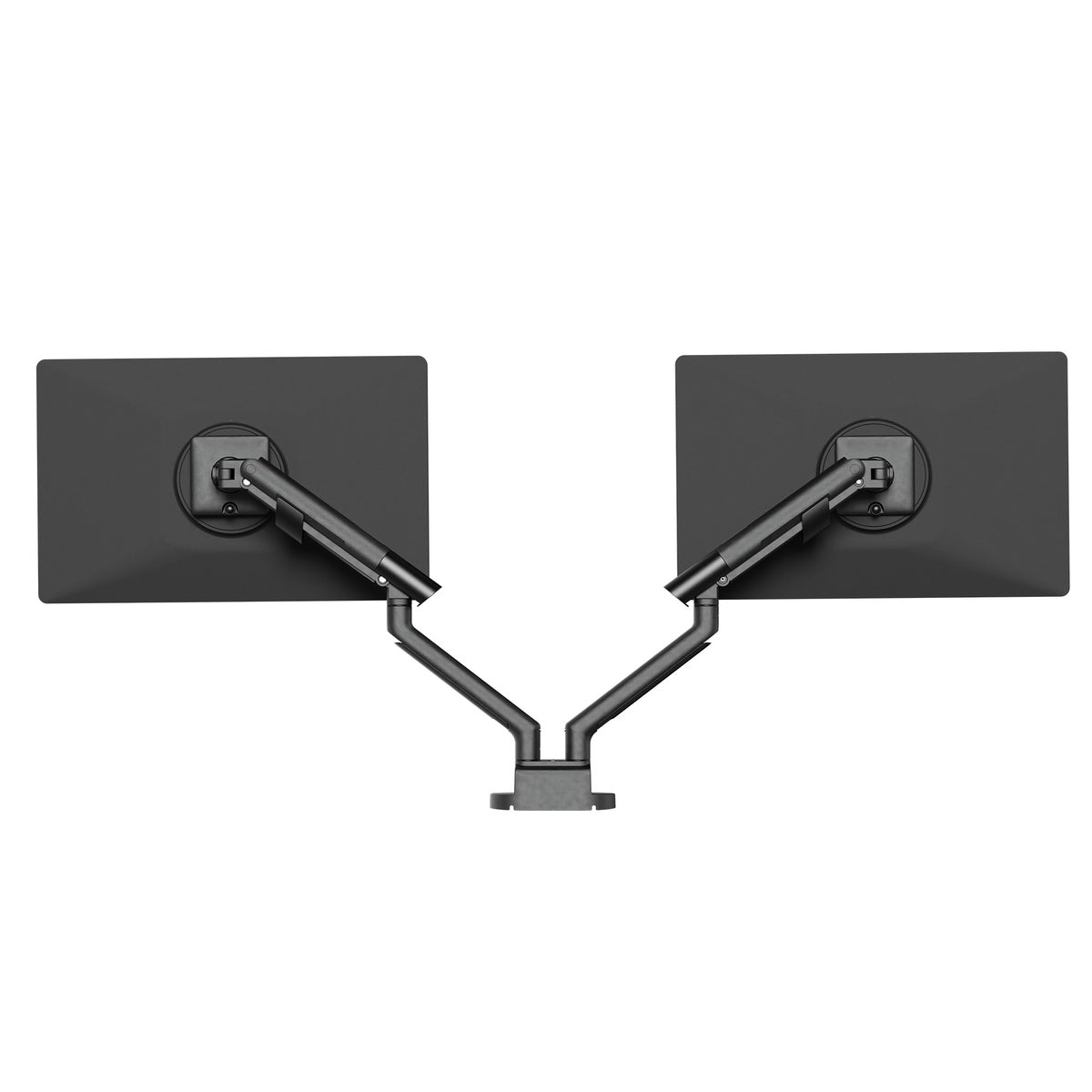 Black dual monitor stand with two screens on a white background