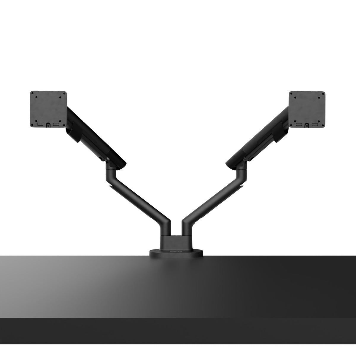 Black adjustable monitor stand on a white background