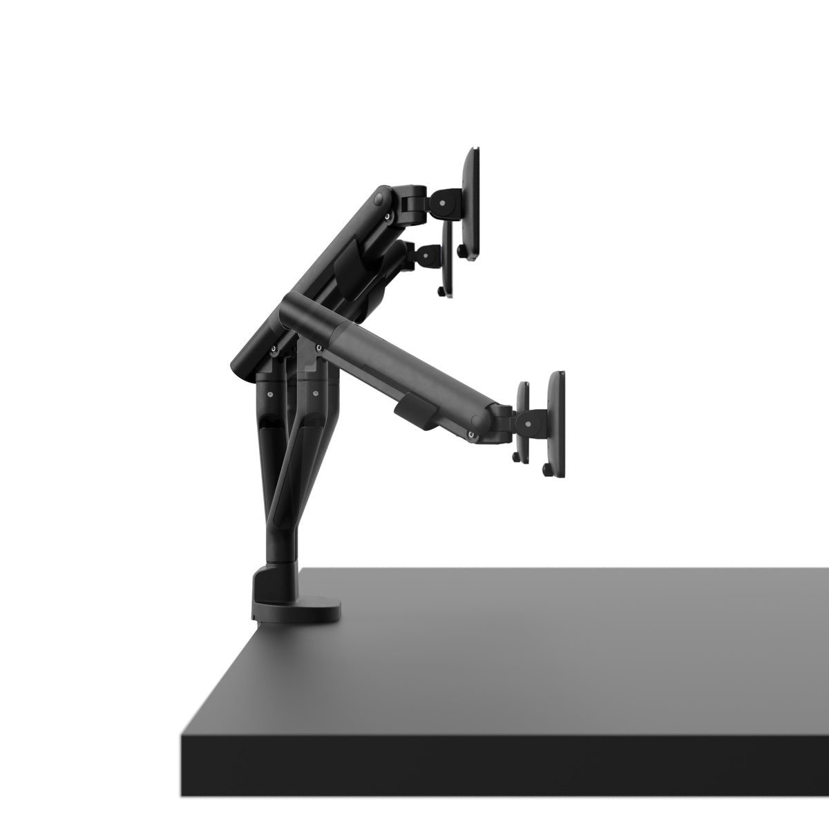 Black adjustable monitor stand on a white background