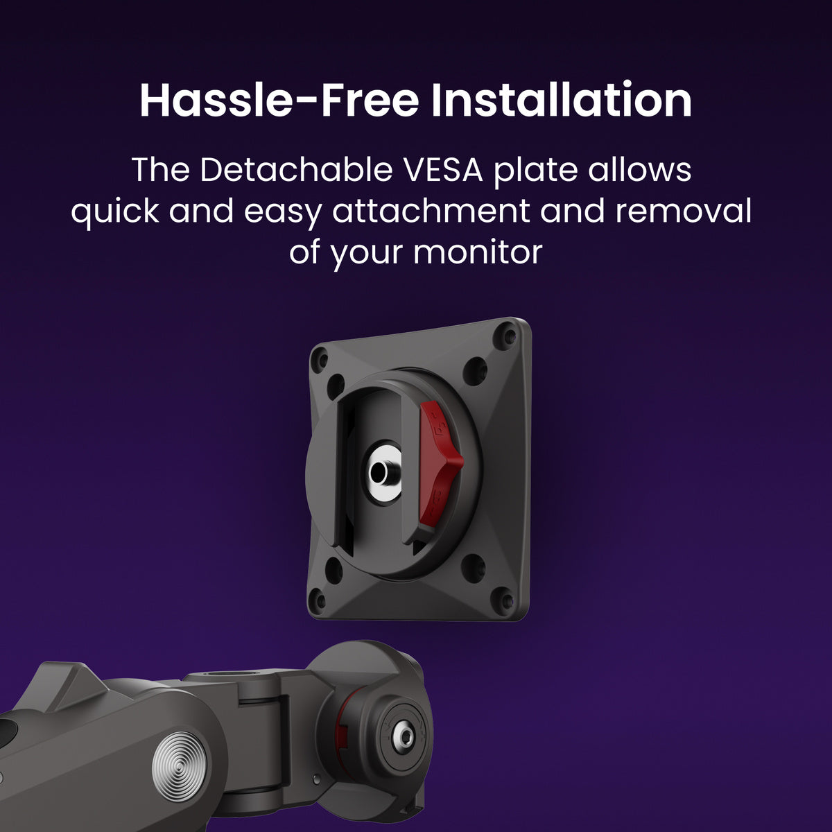 Detachable VESA plate for monitor mounting with text on a dark background