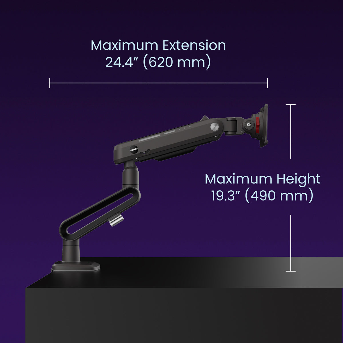 Black adjustable monitor arm with measurements on a dark background