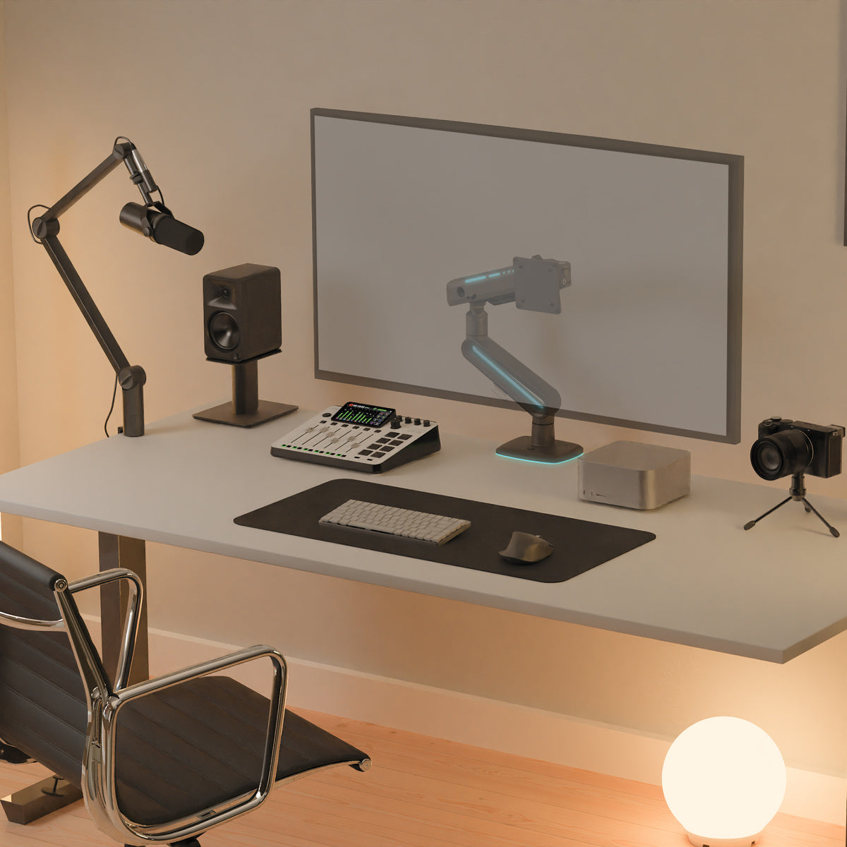 Modern home office setup with desk, computer monitor, camera, microphone, and chair.