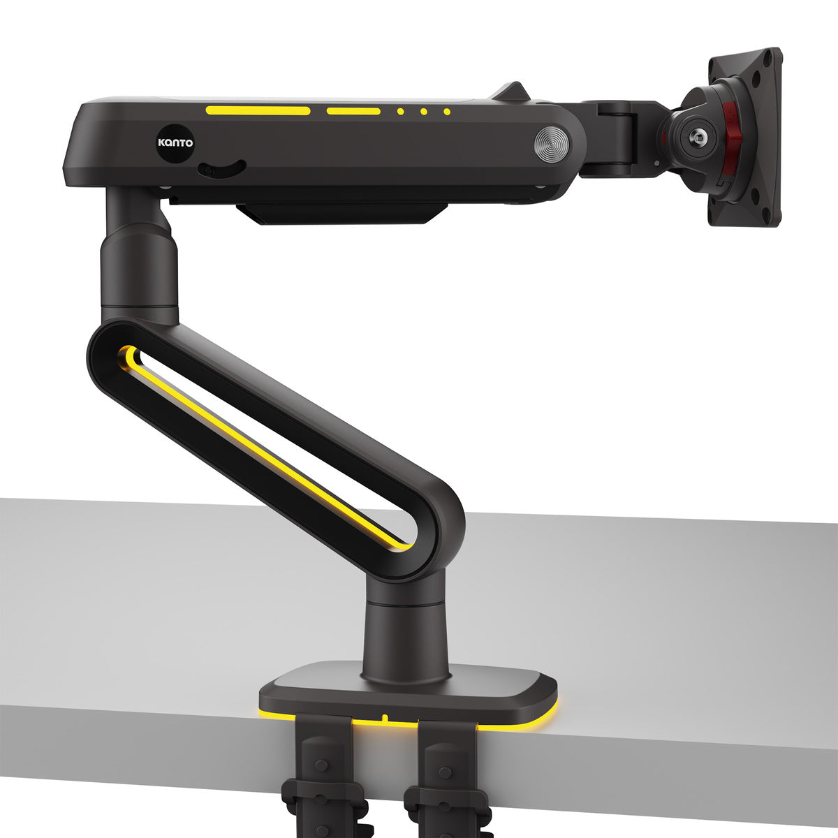 Black and yellow monitor arm on a white background