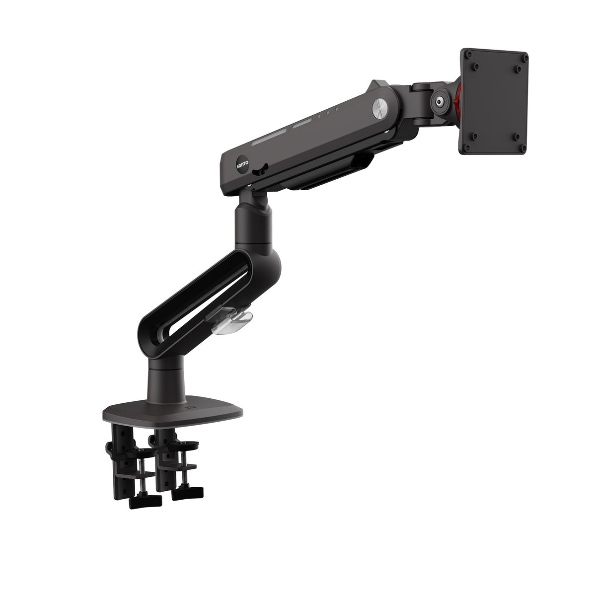 Black adjustable monitor stand on a white background