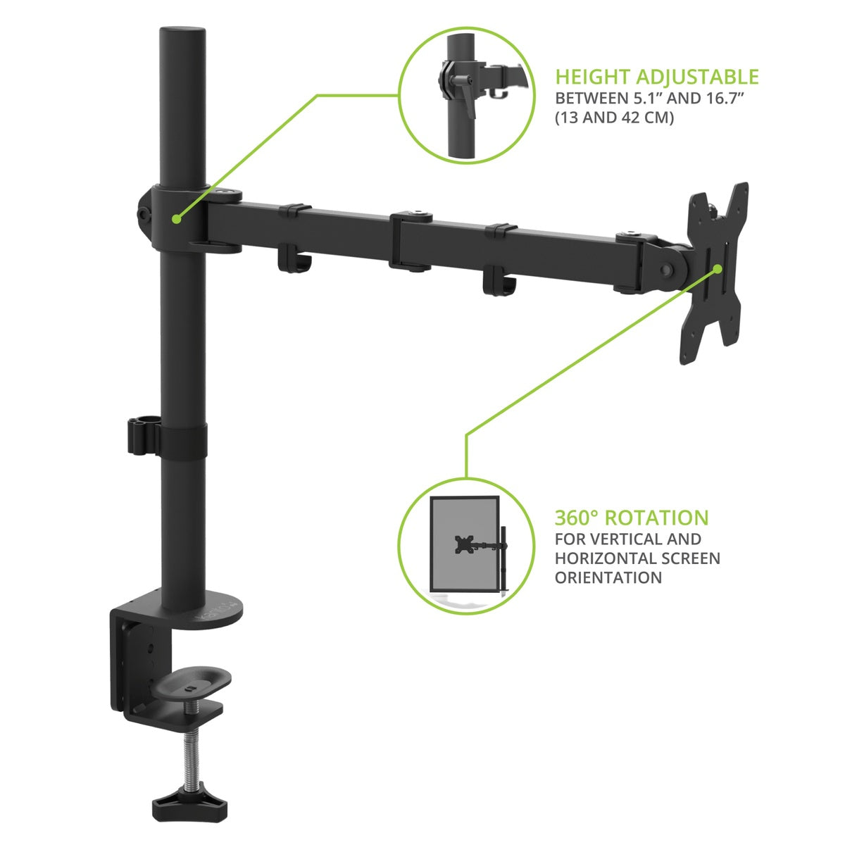 Black adjustable monitor stand with height and rotation features on a white background