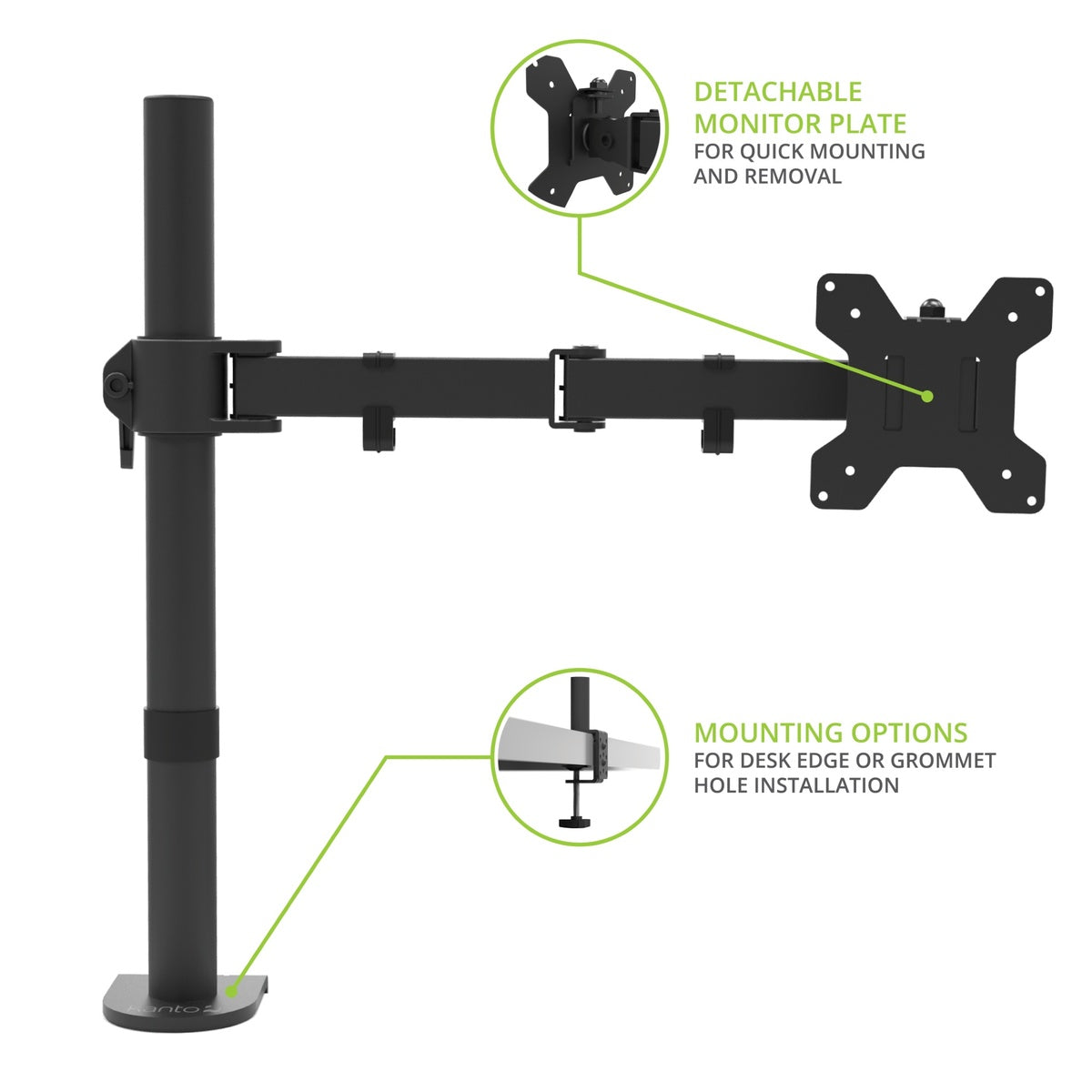 Black adjustable monitor stand with detachable monitor plate on a white background