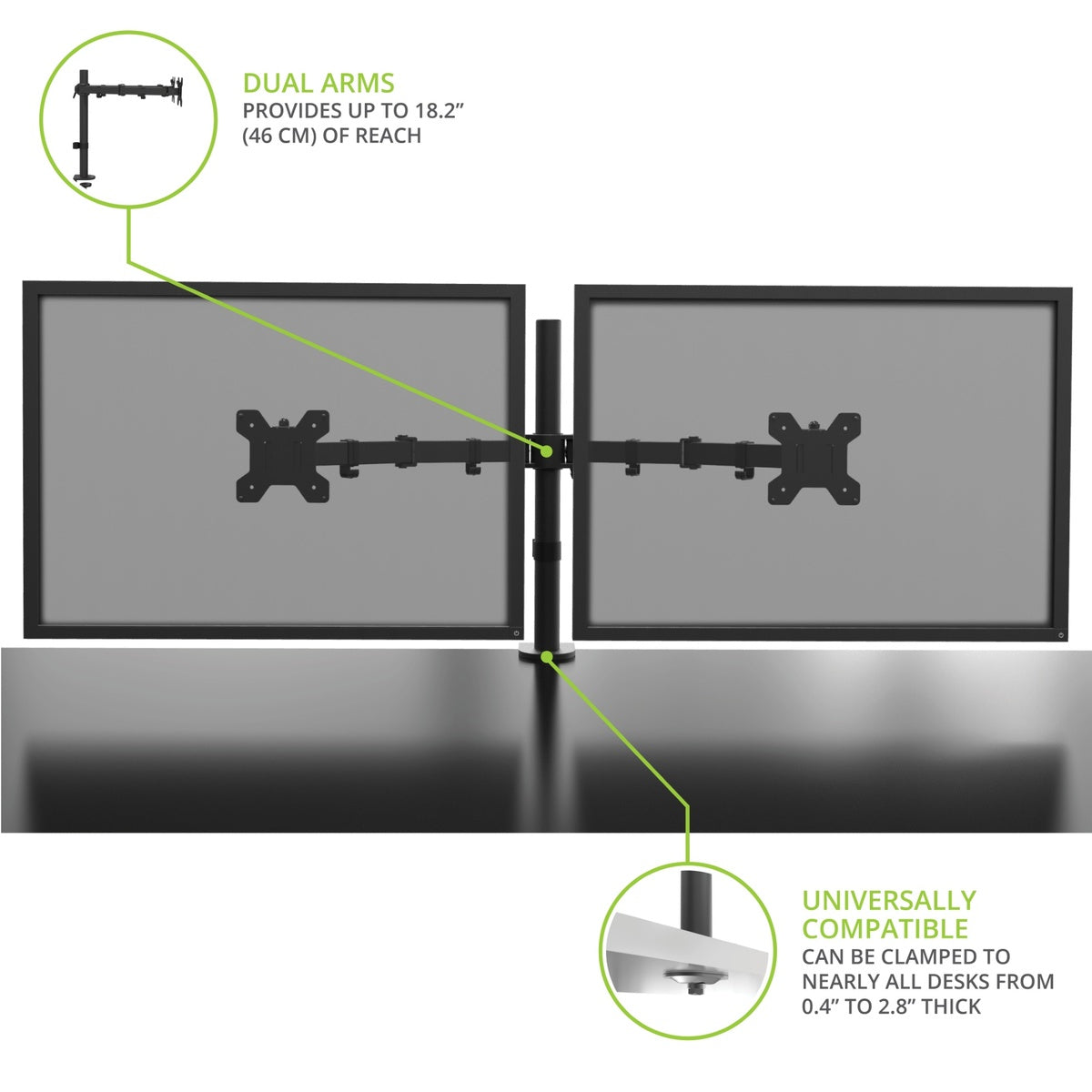 Monitor stand with dual arms and compatibility features on a white background