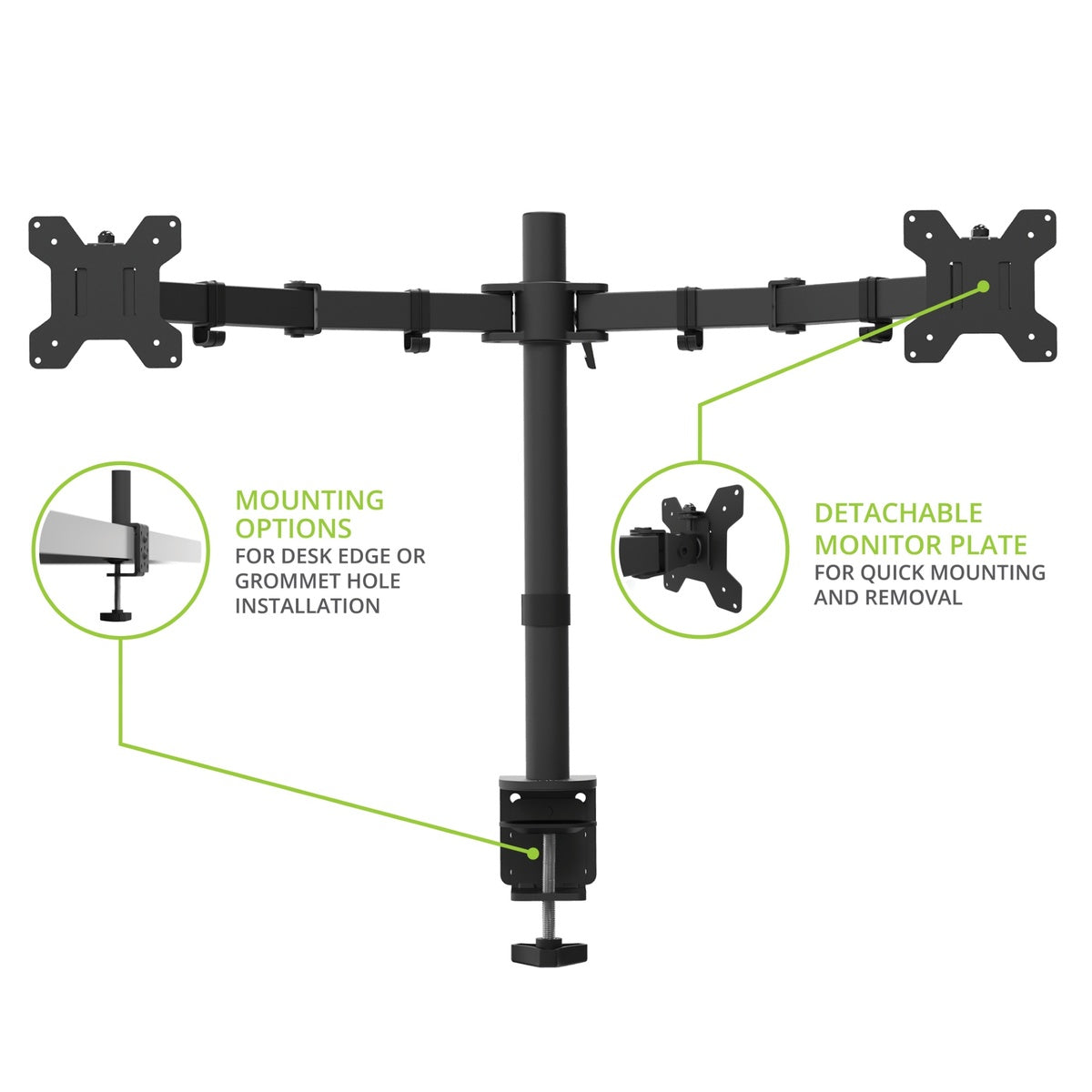 Black monitor stand with mounting options and detachable monitor plate on a white background