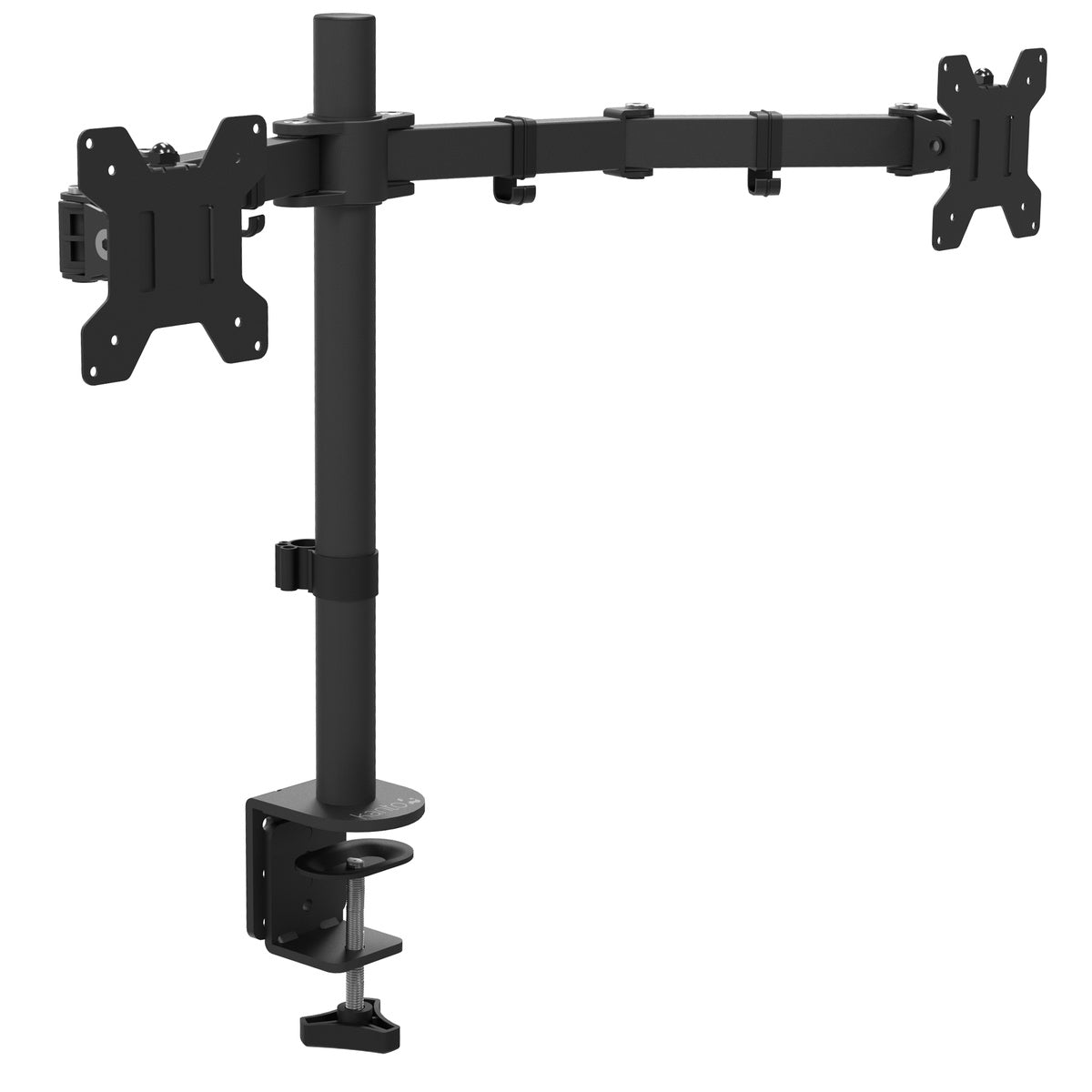 Black dual monitor stand on a white background
