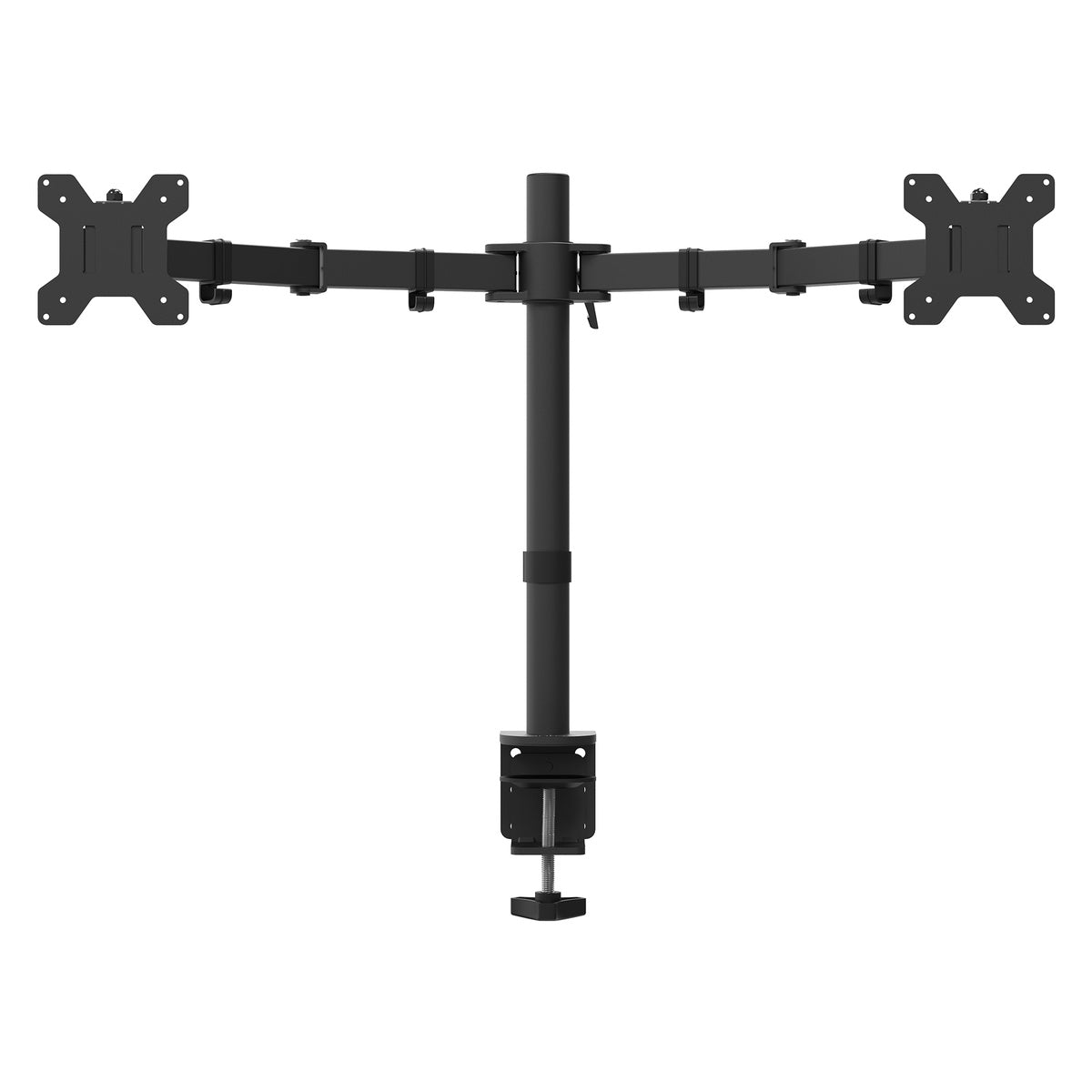 Black dual monitor stand on a white background