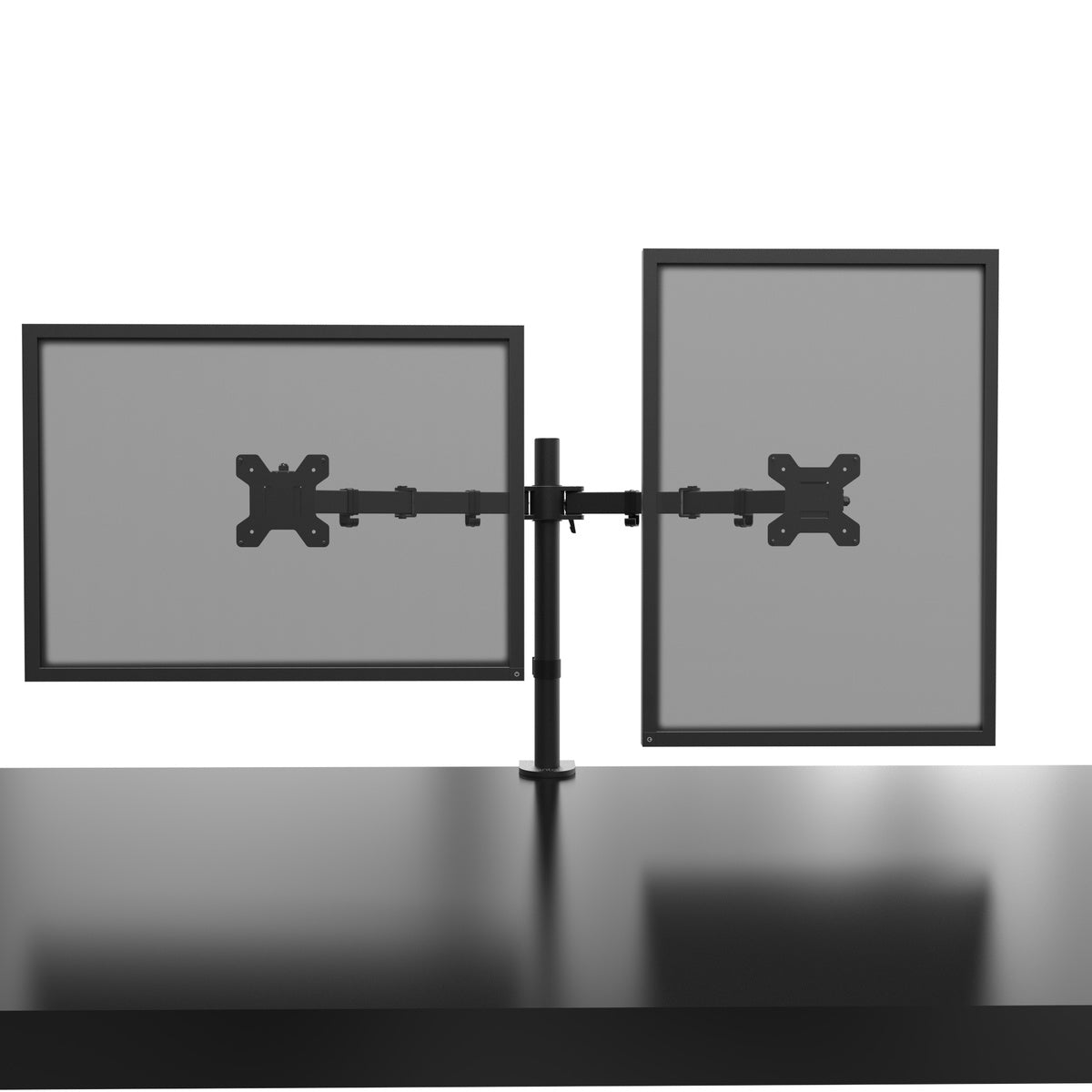 Black dual monitor stand with two screens on a white background