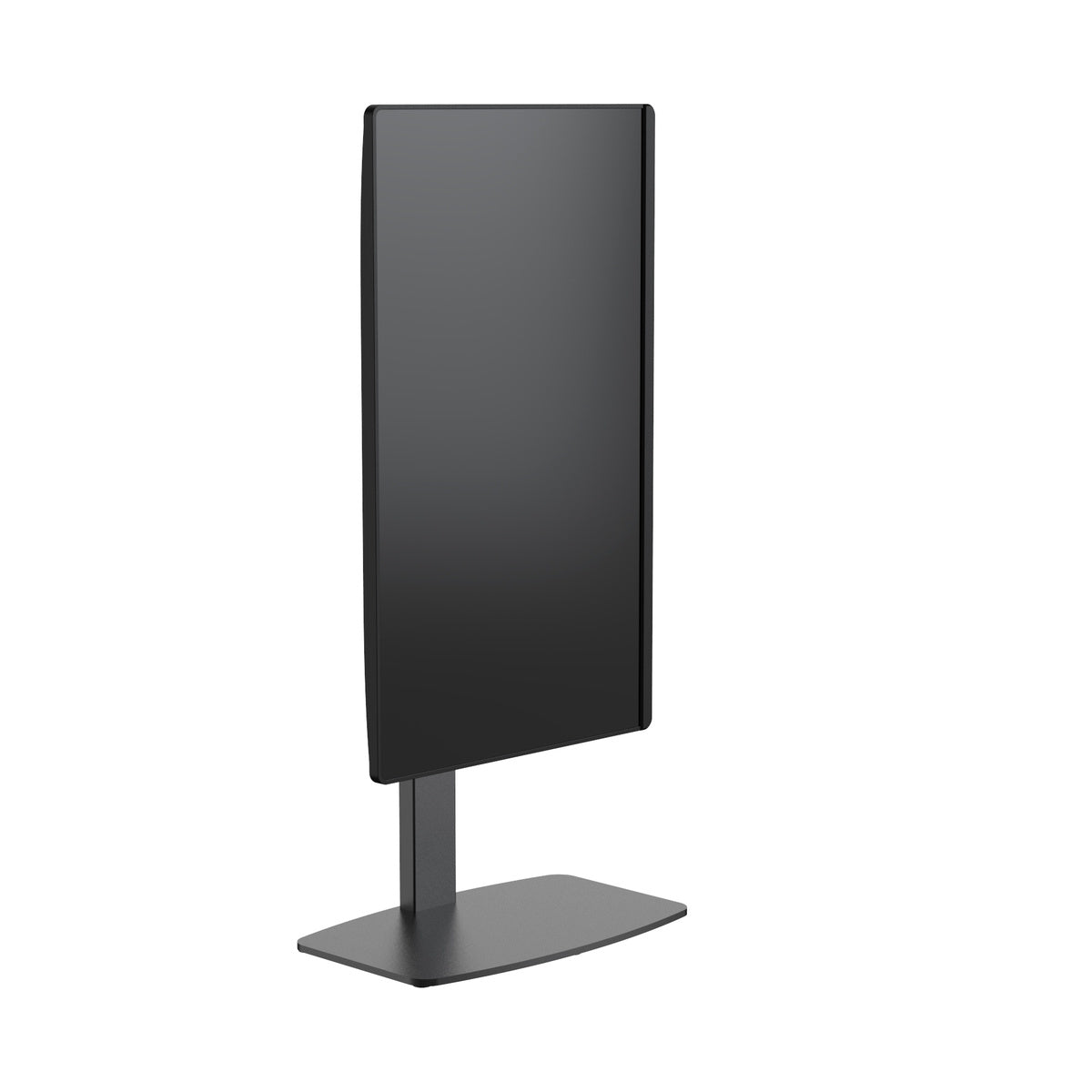 Black digital display on a stand against a white background
