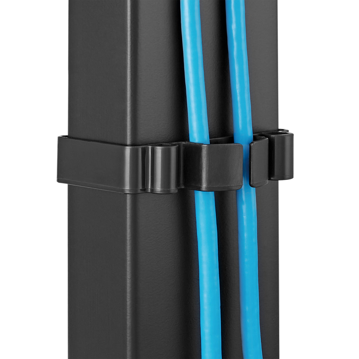 Black cable management system with blue cables on a white background