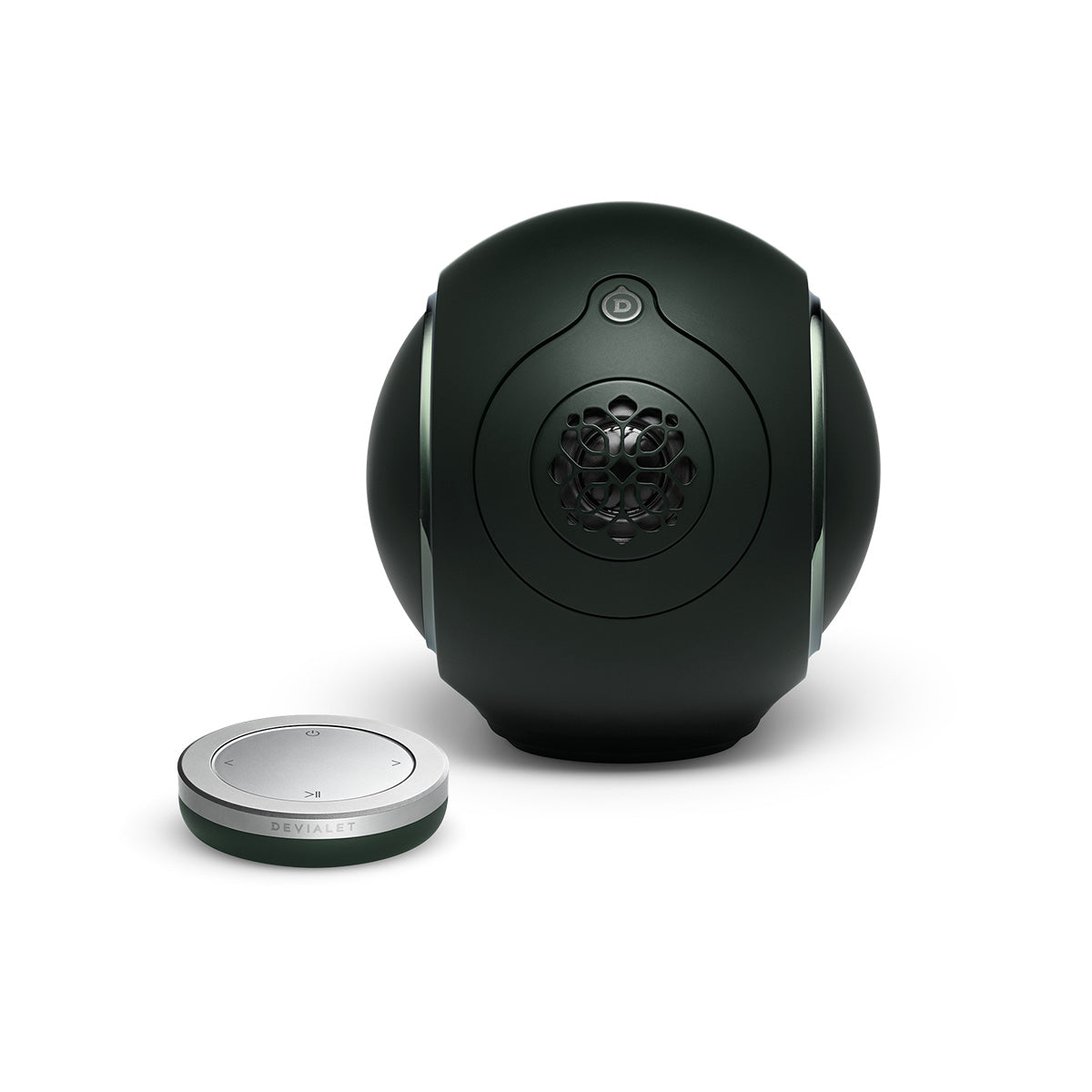Devialet Phantom Ultimate 98 dB High-End Connected Speaker - Deep Forest - front view with remote to left