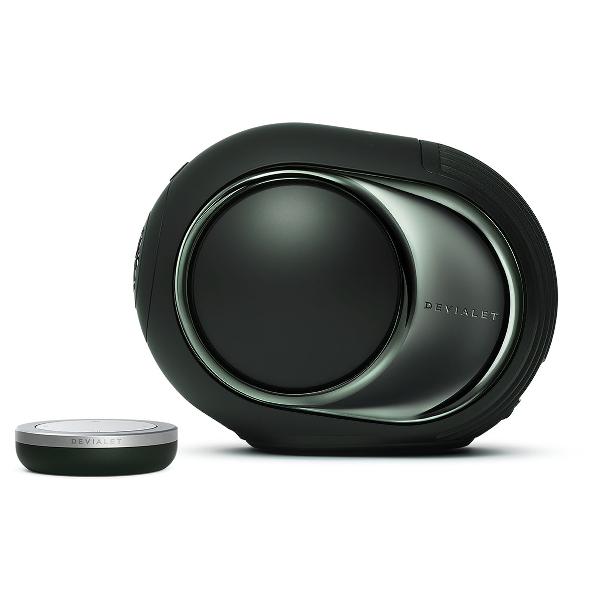 Devialet Phantom Ultimate 98 dB High-End Connected Speaker - Deep Forest - facing left with remote to left