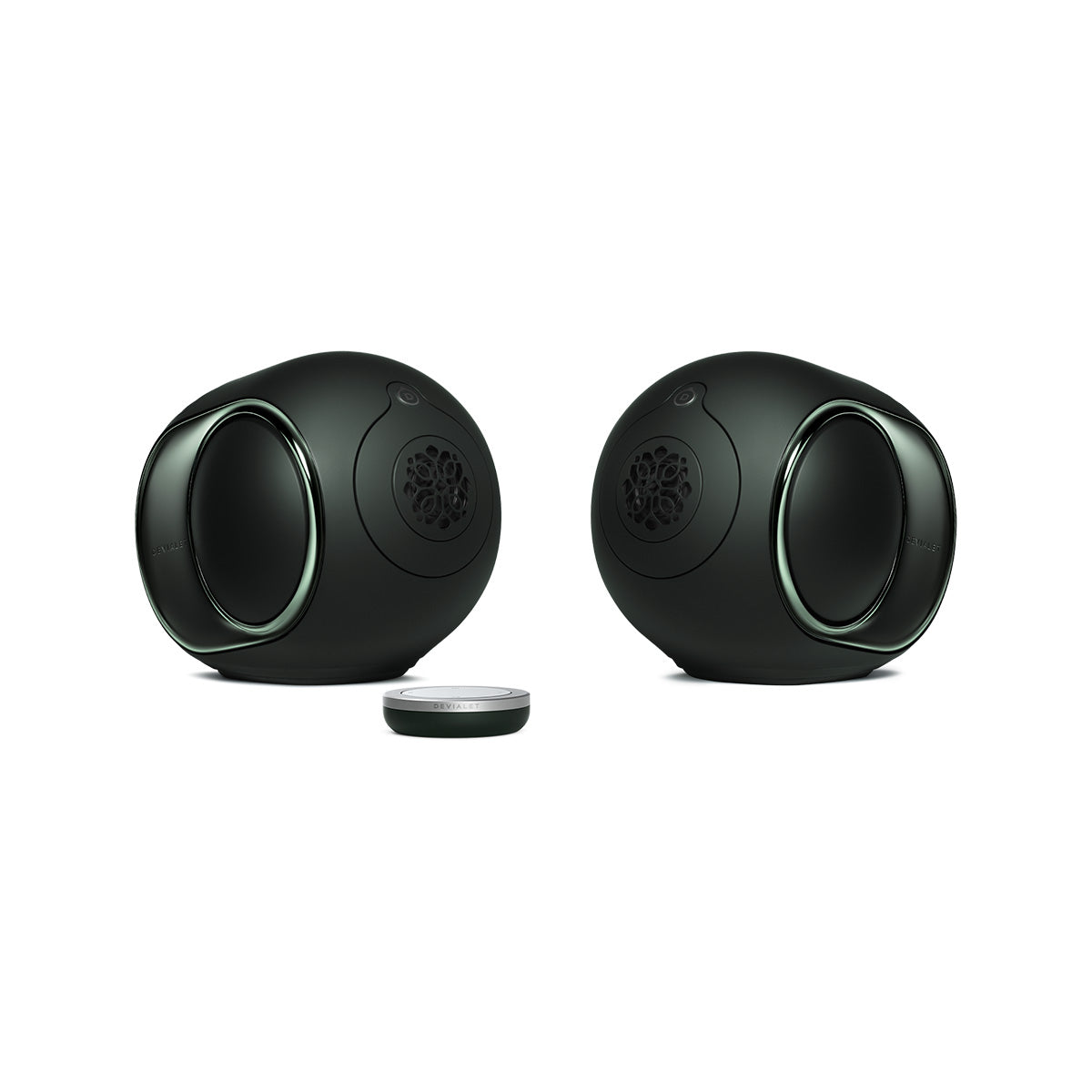Devialet Phantom Ultimate 98 dB High-End Connected Speaker - Deep Forest - pair of speakers facing inward with remote center left