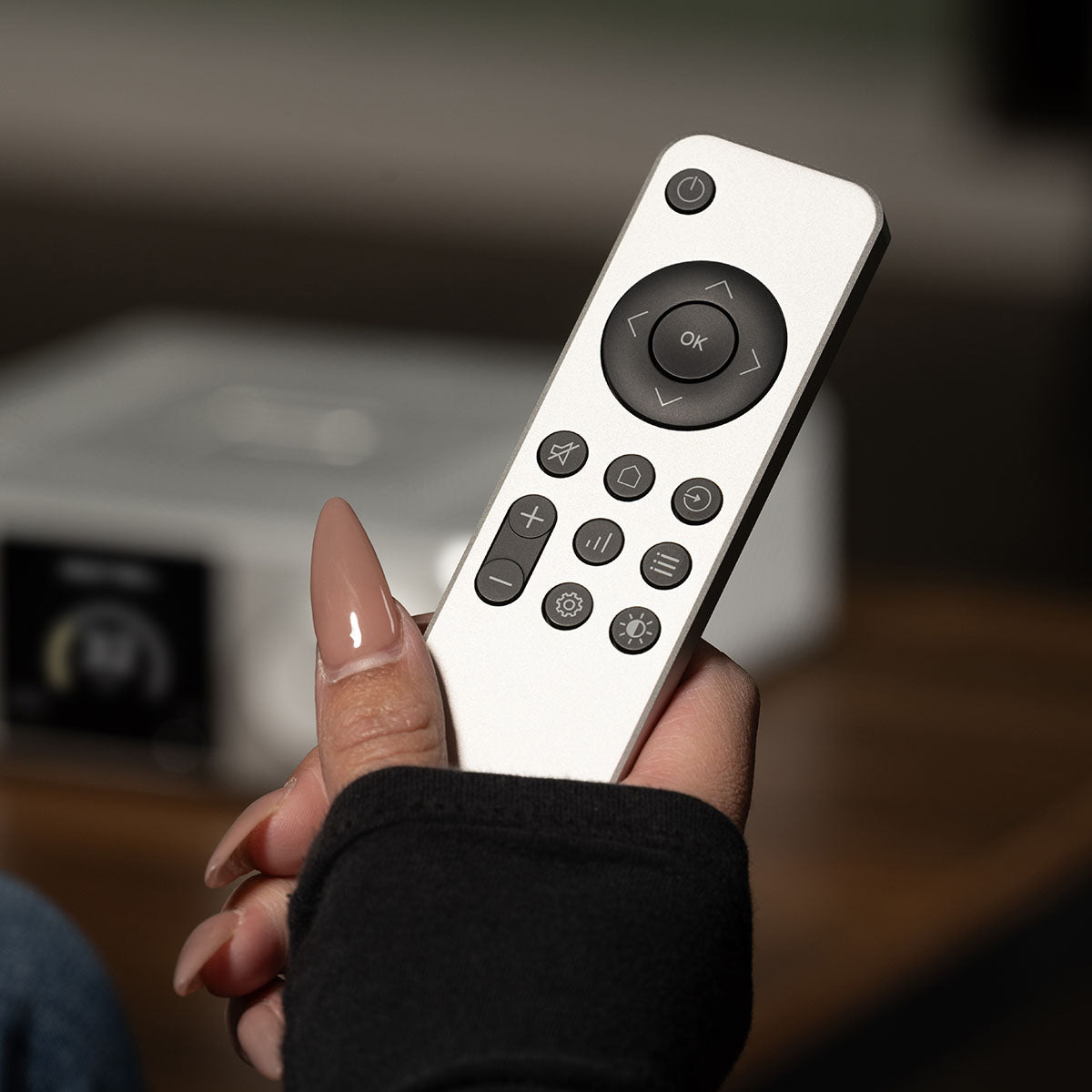 Lifestyle photo Rotel DX-5 Integrated Amplifier - close-up of hand holding remote detail of remote buttons