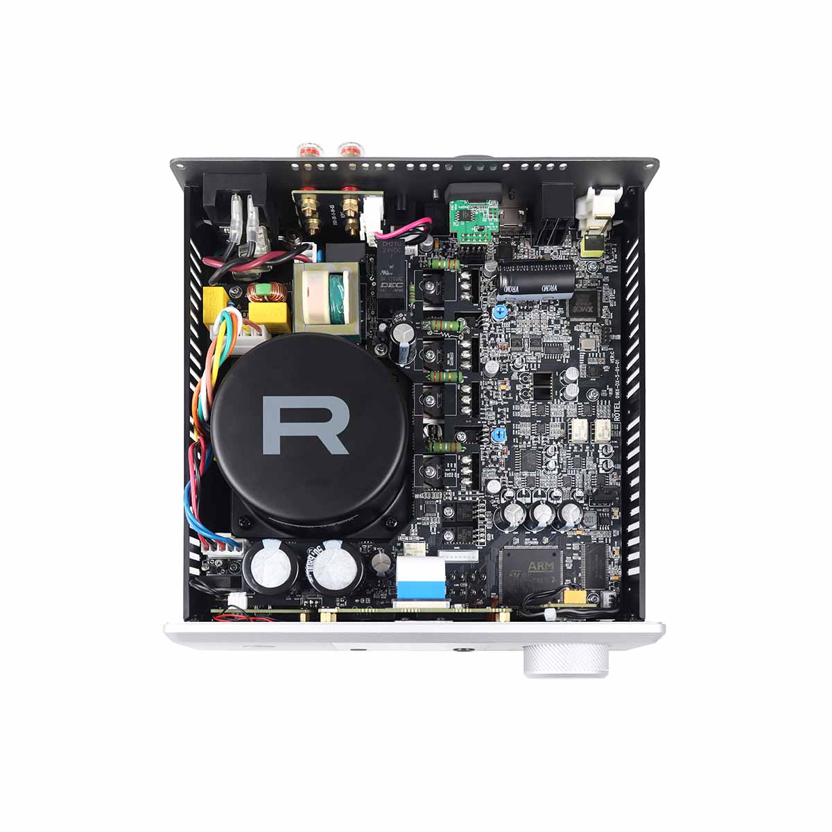 Rotel DX-5 Integrated Amplifier - silver top view open showing internal components