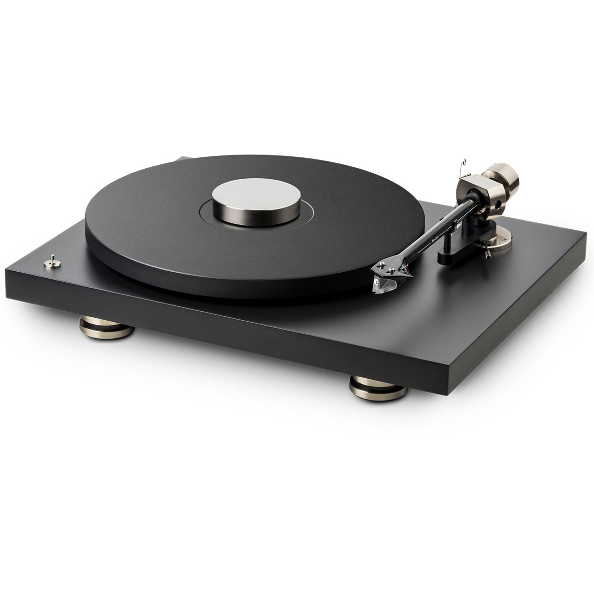 Pro-Ject Debut PRO B Balanced Hi-Fi Turntable - black - front top view angled left with record puck on platter