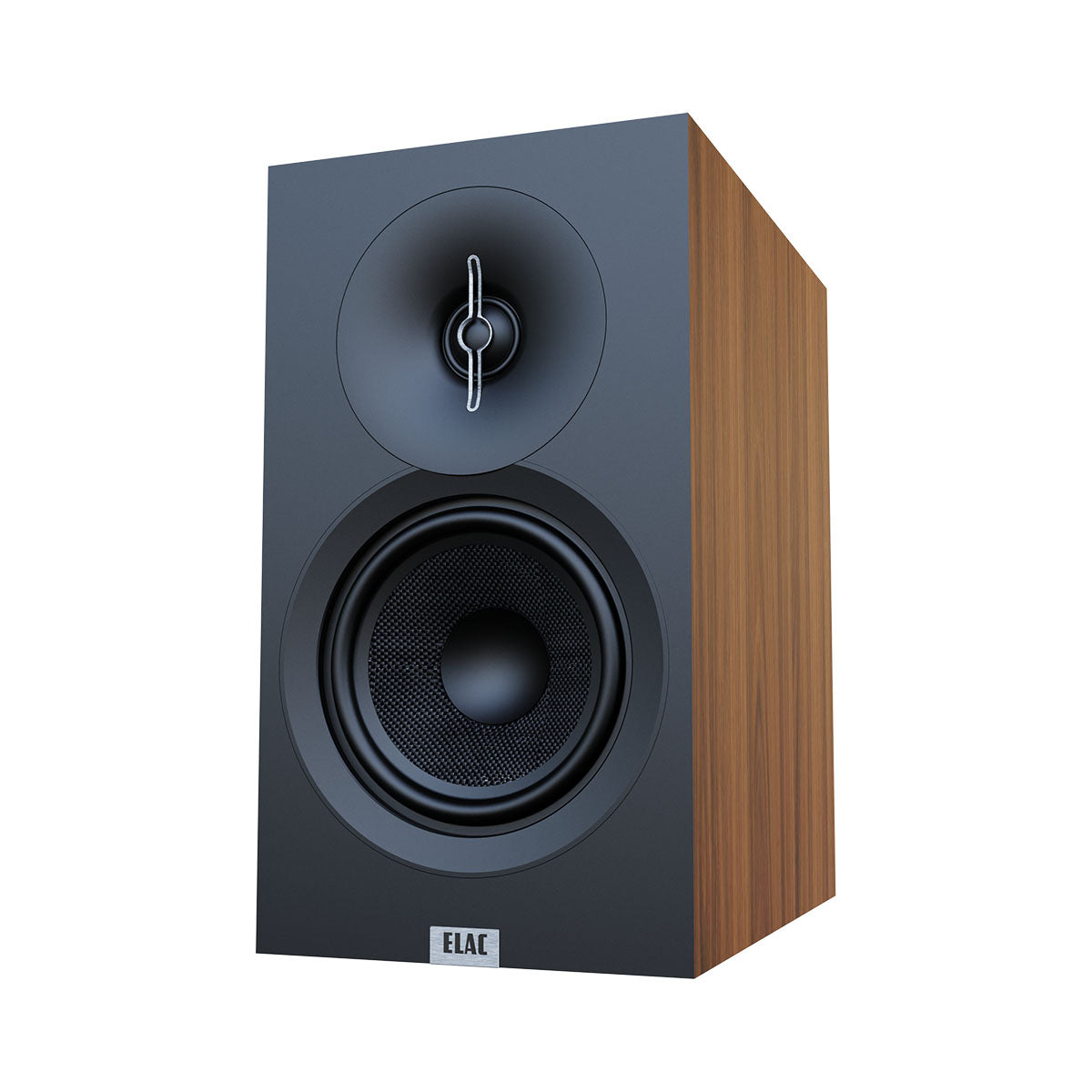 ELAC Debut 3.0 DB53 5.25" Bookshelf Speakers - single walnut speaker front view angled left