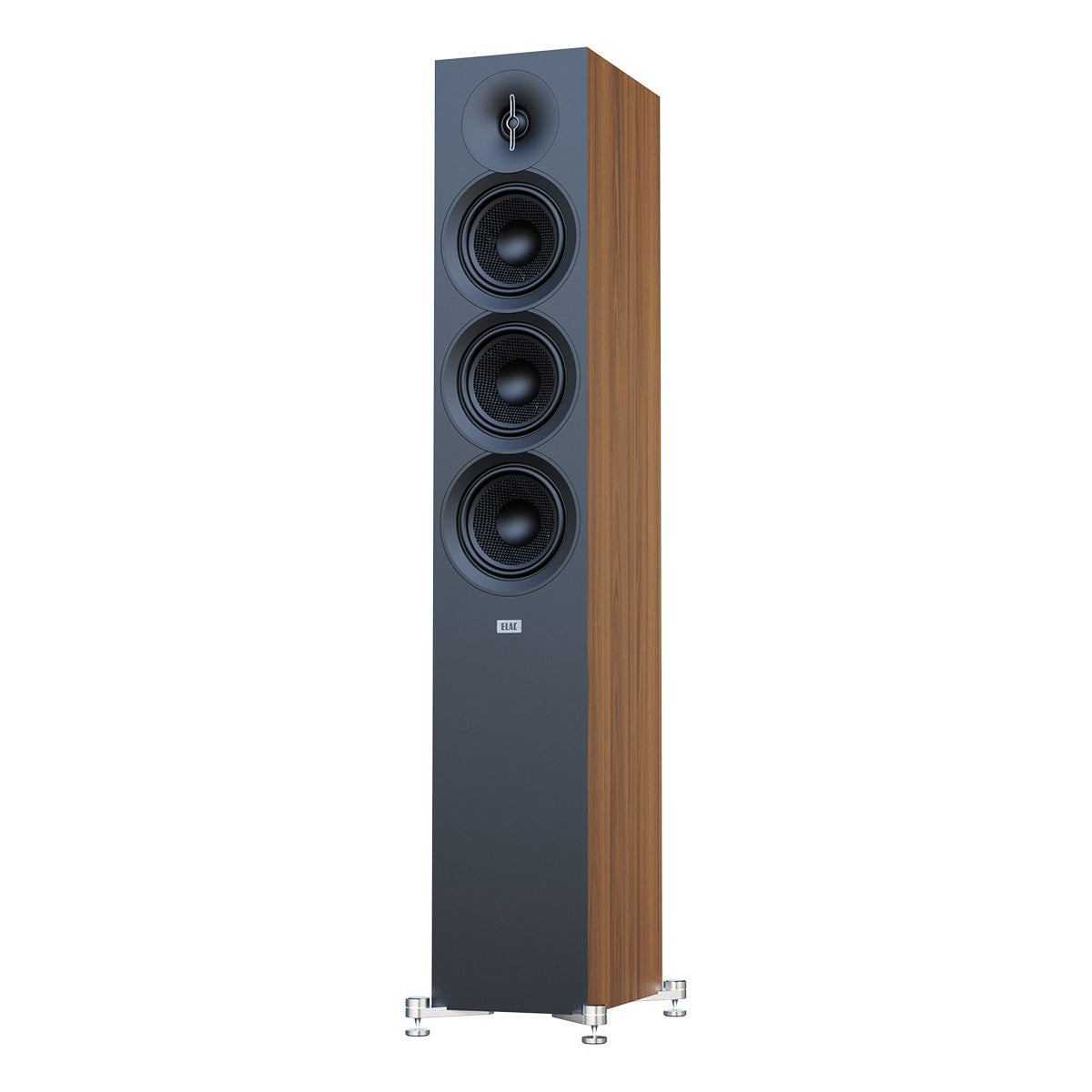 ELAC Debut 3.0 DF53 5.25" Floorstanding Loudspeaker - Walnut - single speaker front view angled left without grille