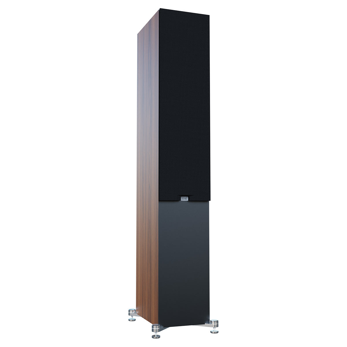 ELAC Debut 3.0 DF53 5.25" Floorstanding Loudspeaker - Walnut - single speaker front view angled left with grille