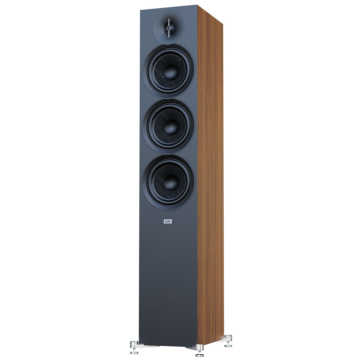 ELAC Debut 3.0 DF63 6.5" Floorstanding Loudspeaker - Walnut - single speaker front view angled left without grille