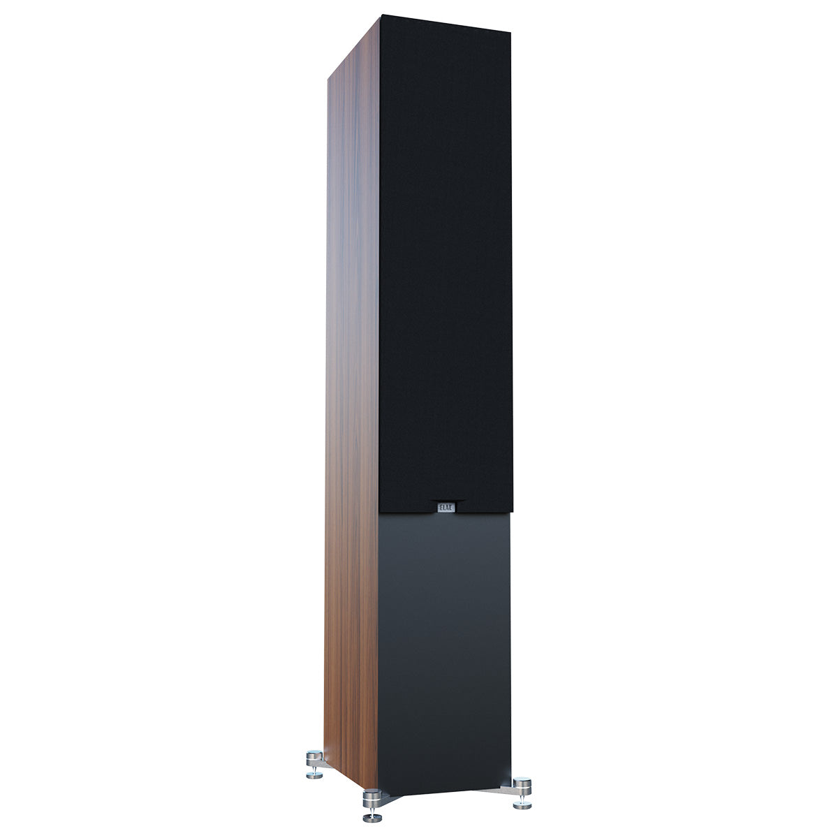 ELAC Debut 3.0 DF63 6.5" Floorstanding Loudspeaker - Walnut - single speaker front view angled right with grille