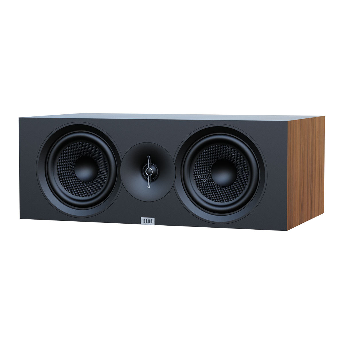 ELAC Debut 3.0 DC53 5.25" Center Speaker - Walnut - front view without grille angled left