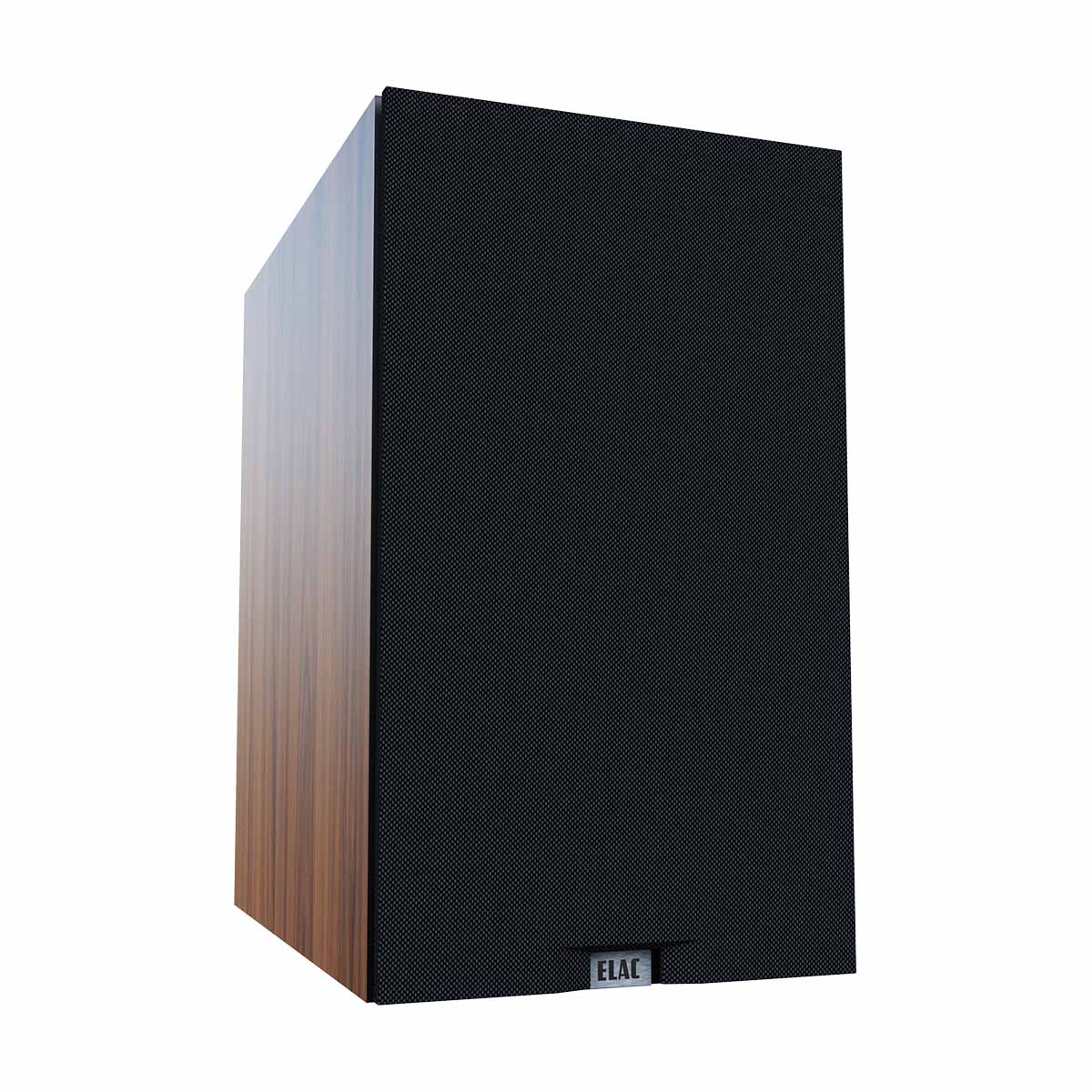 ELAC Debut 3.0 DB63 6.5" Bookshelf Speakers - Walnut - single speaker front view with grille angled right