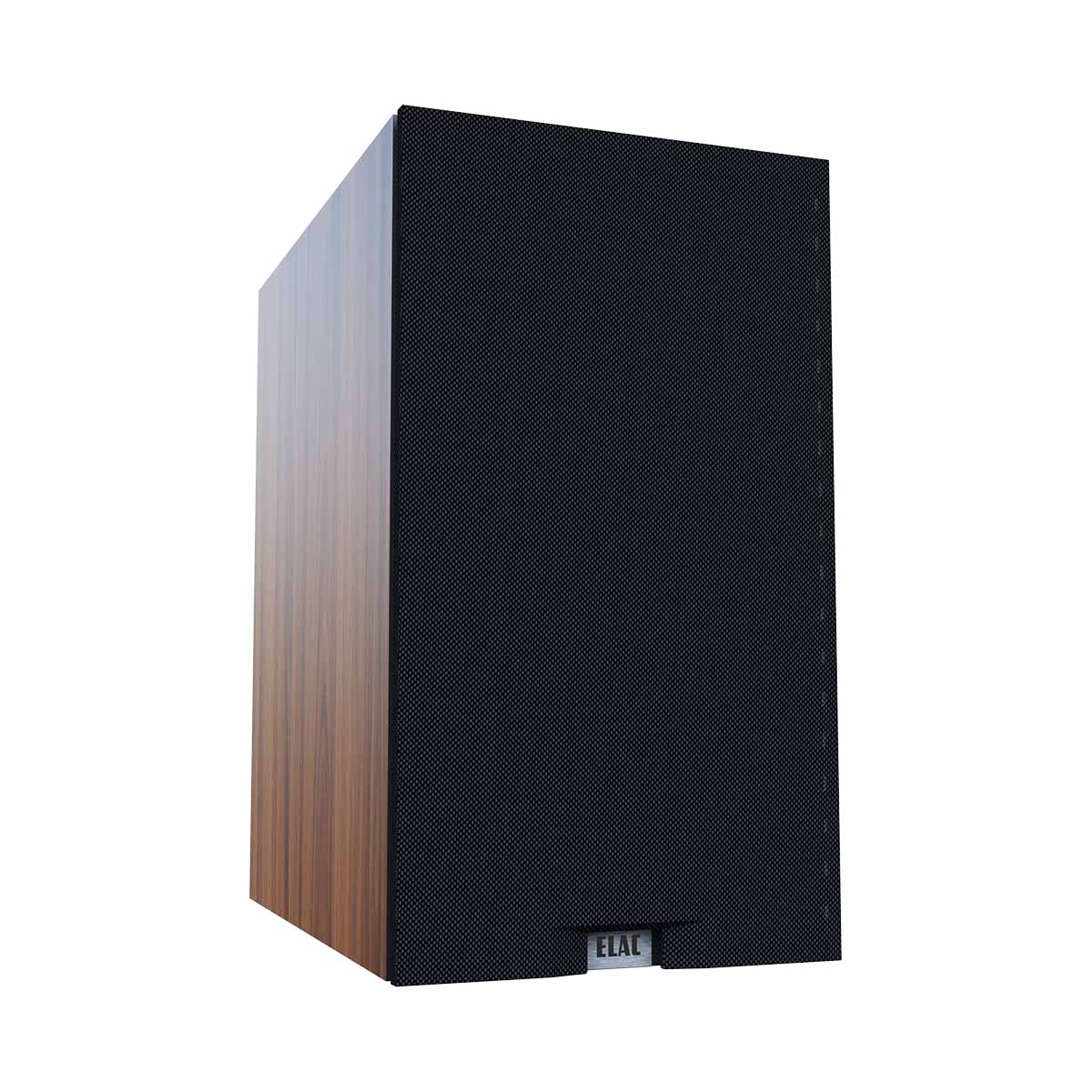 ELAC Debut 3.0 DB53 5.25" Bookshelf Speakers - single walnut speaker front view angled right with grille