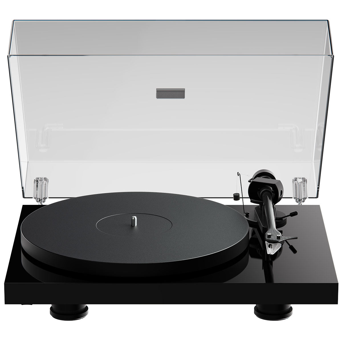 Pro-Ject Debut EVO 2 Hi-Fi Turntable - Gloss Black - high-angle top-front view with dustcover