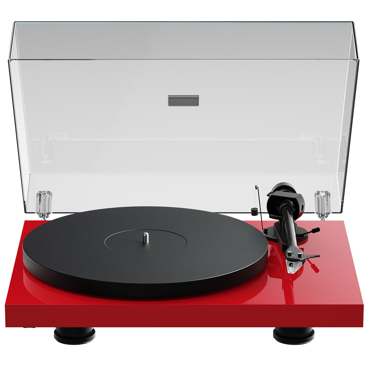 Pro-Ject Debut EVO 2 Hi-Fi Turntable - Gloss Red - high-angle top-front view with dustcover