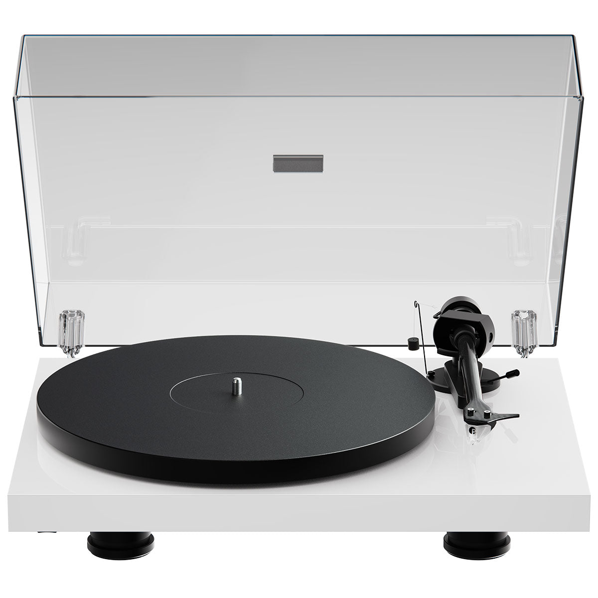 Pro-Ject Debut EVO 2 Hi-Fi Turntable - Gloss White - high-angle top-front view with dustcover